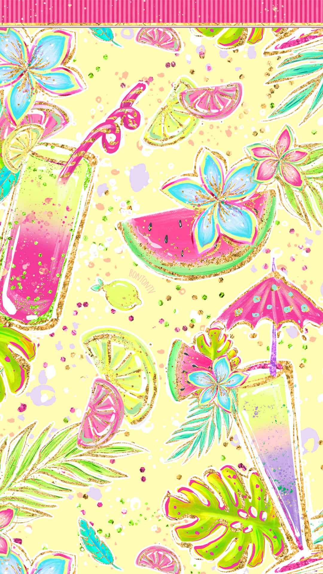 tropical print, tropical flowers, fruit, Full HD Phone Wallpaper