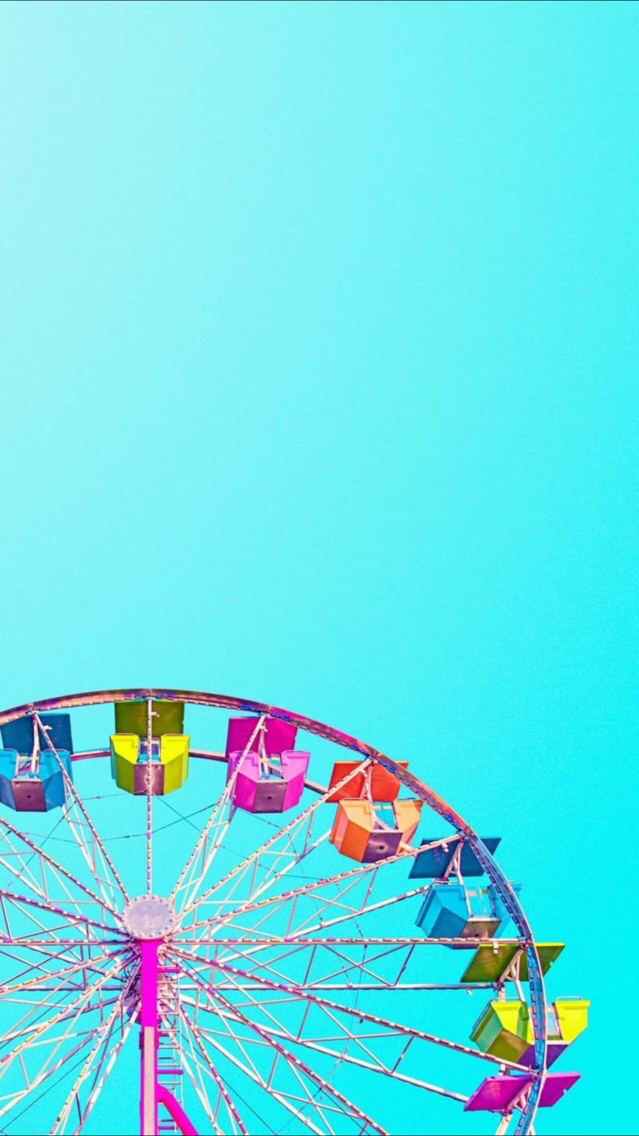 ferris wheel, rainbow gondolas, cyan sky, Full HD Phone Wallpaper