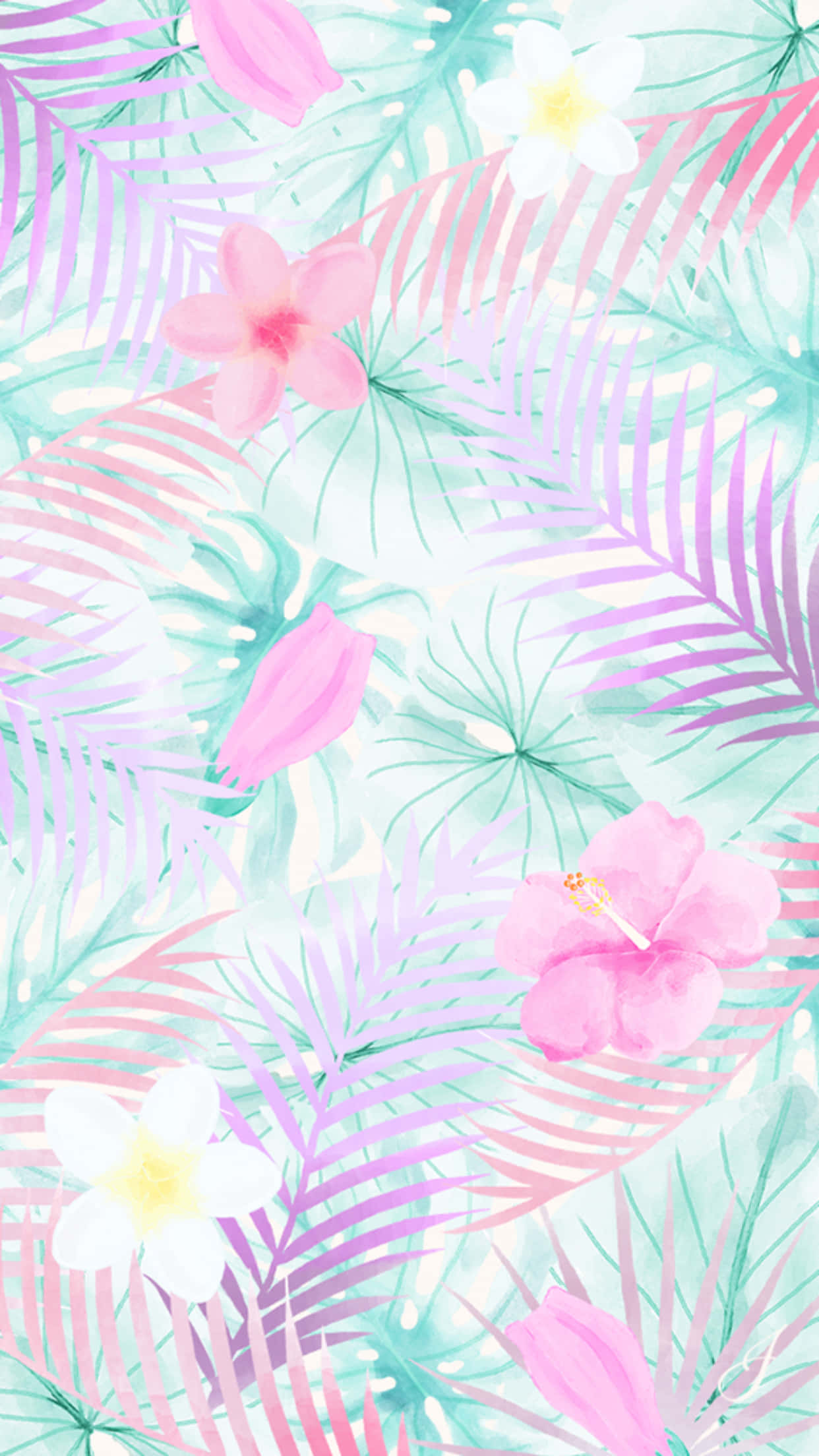 cute summer phone, tropical leaves, pink white flowers, Full HD Phone Wallpaper