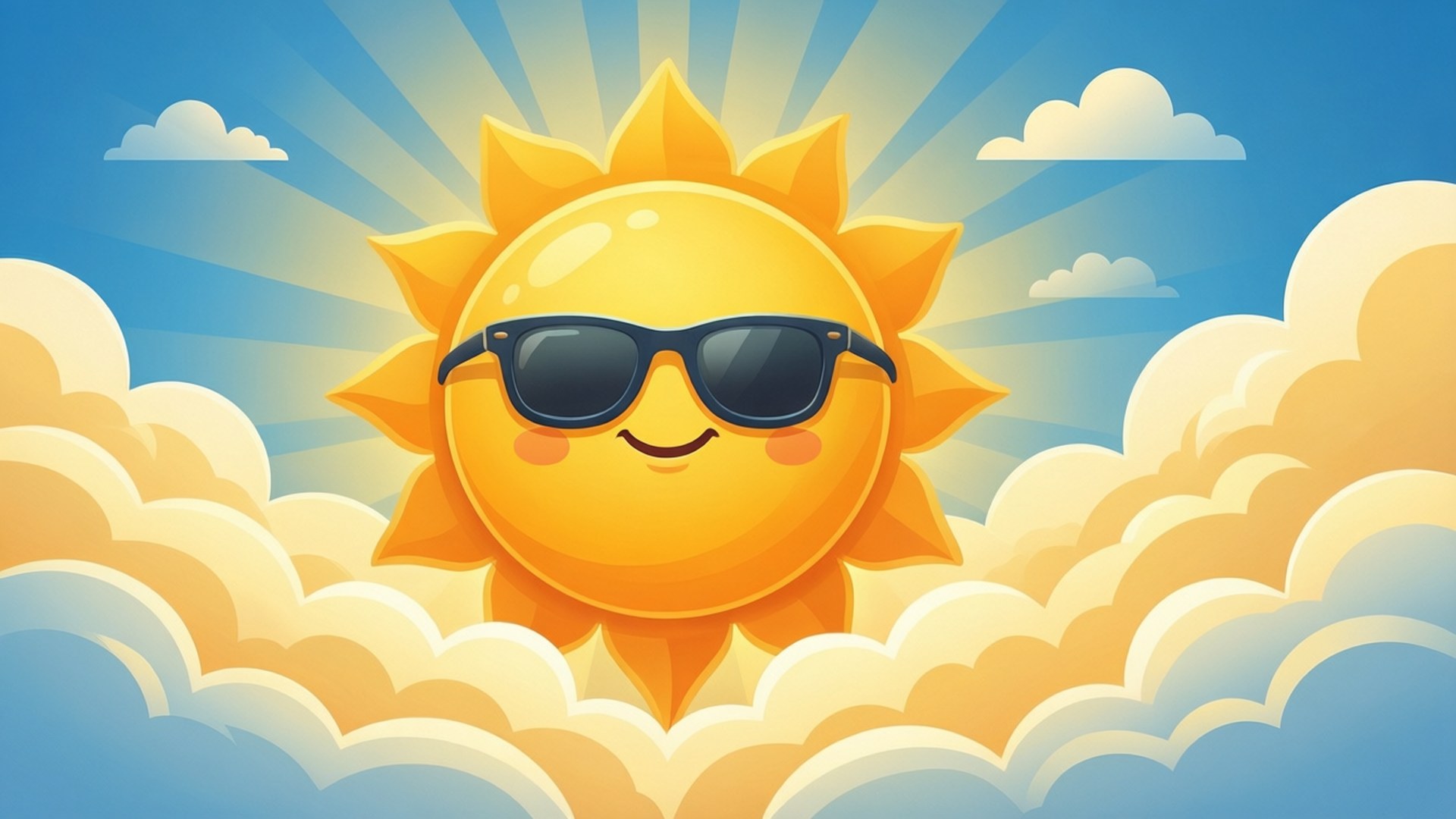 smiling sunglasses sun, black sunglasses, fluffy clouds, Full HD Desktop Wallpaper