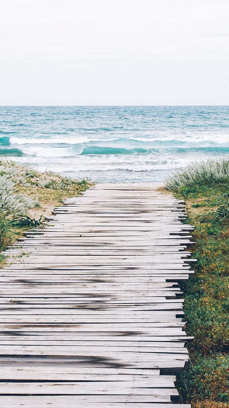 Cute Summer Beach Plank Bridge, weathered wooden boardwalk, turquoise ocean, HD Phone Wallpaper