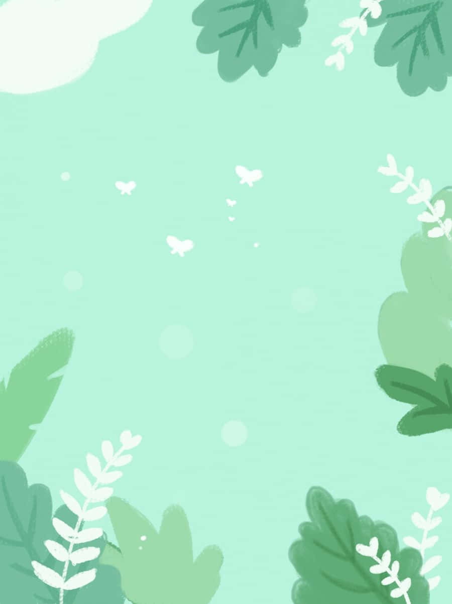 pastel mint green, stylized green leaves, white butterflies, SD Phone Wallpaper