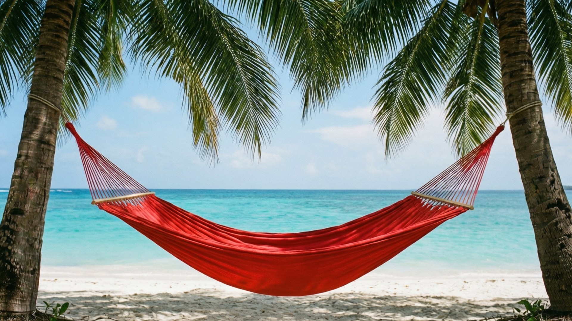 vibrant red hammock, palm trees, white sandy beach, Full HD Desktop Wallpaper
