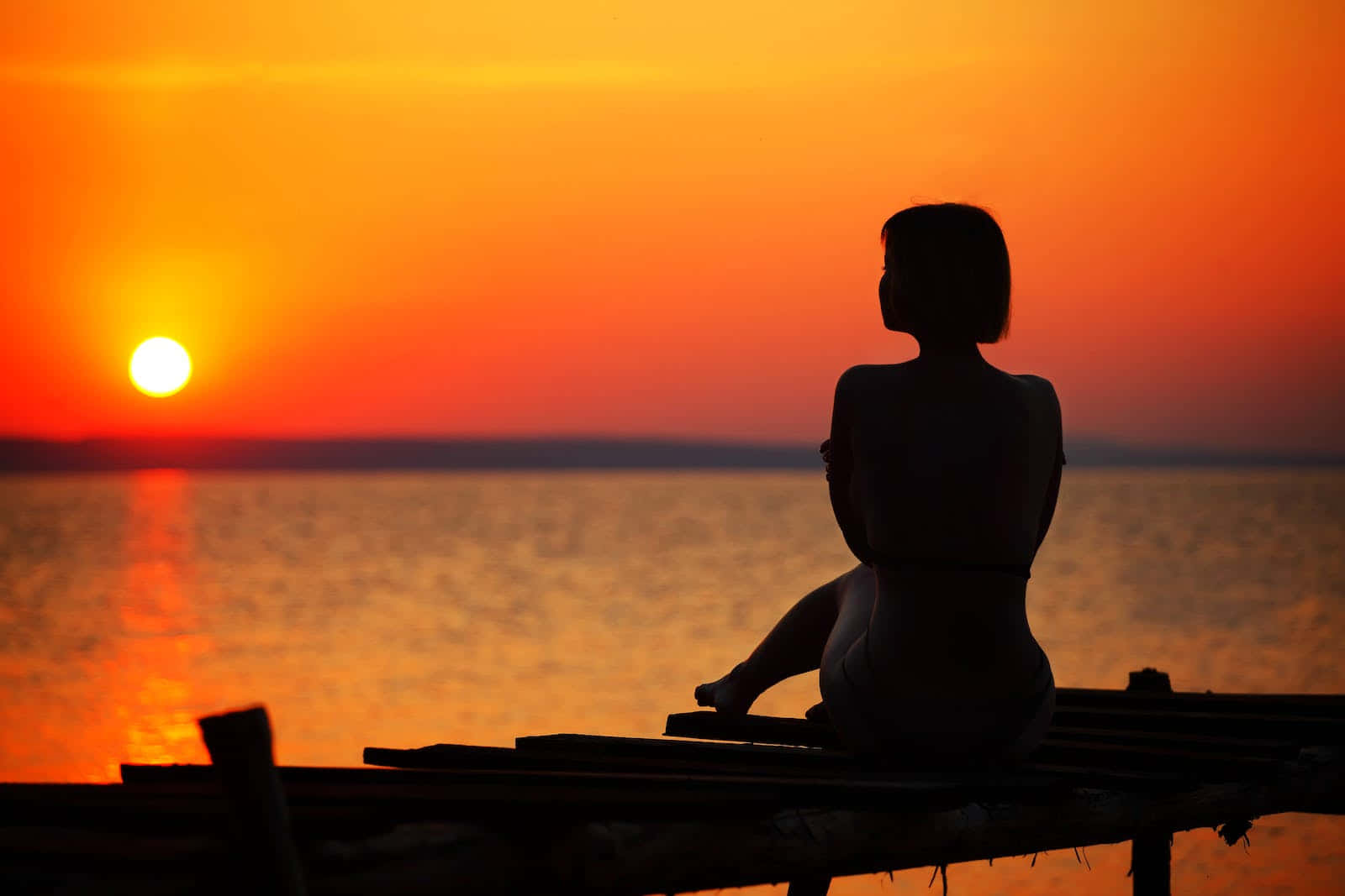 cute sunset, pink and orange hues, wooden pier, HD Desktop Wallpaper
