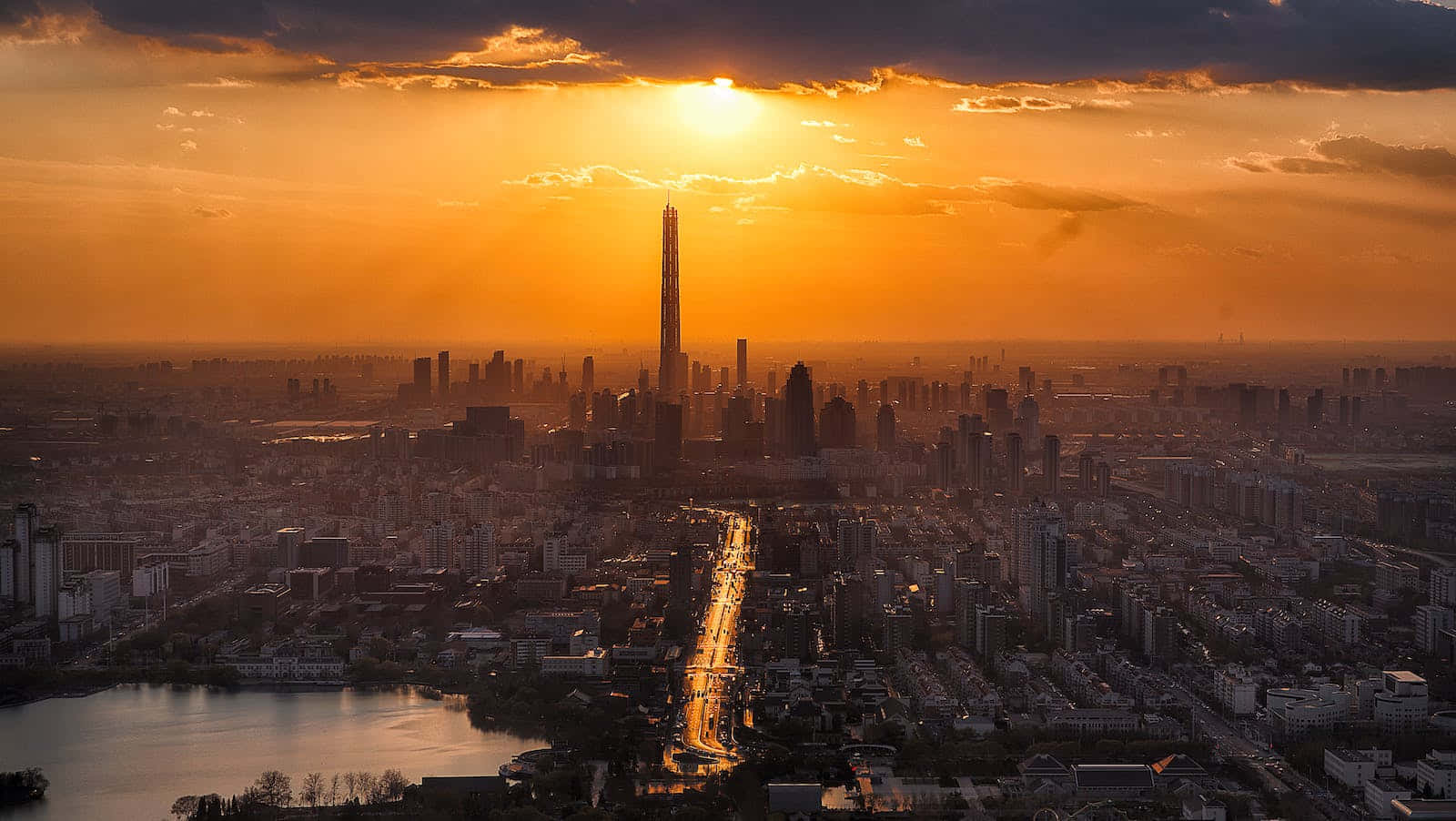 sunset, golden light, towering skyscraper, HD Desktop Wallpaper