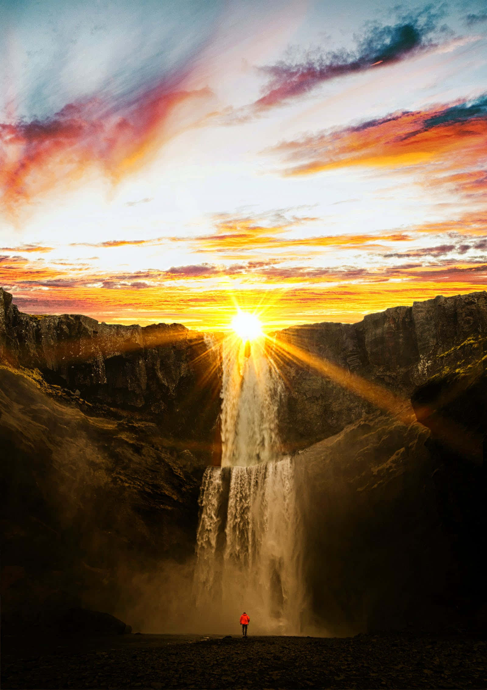 sunburst, canyon cliffs, majestic waterfall, Full HD Phone Wallpaper