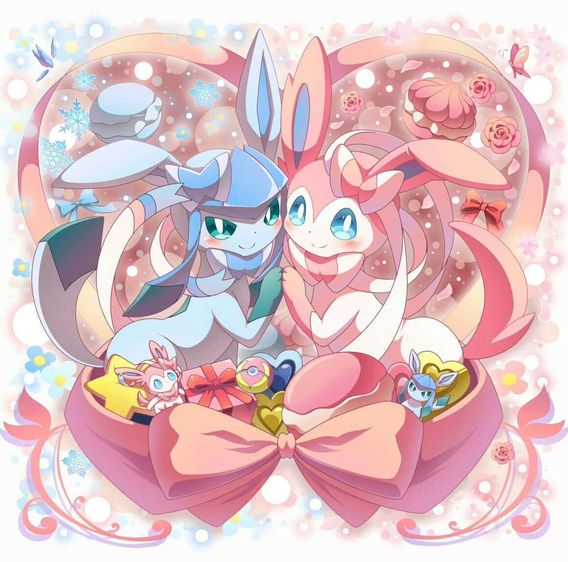 Cute Sylveon, anime-style bunny Pokémon, giant pink bow, SD Desktop Wallpaper