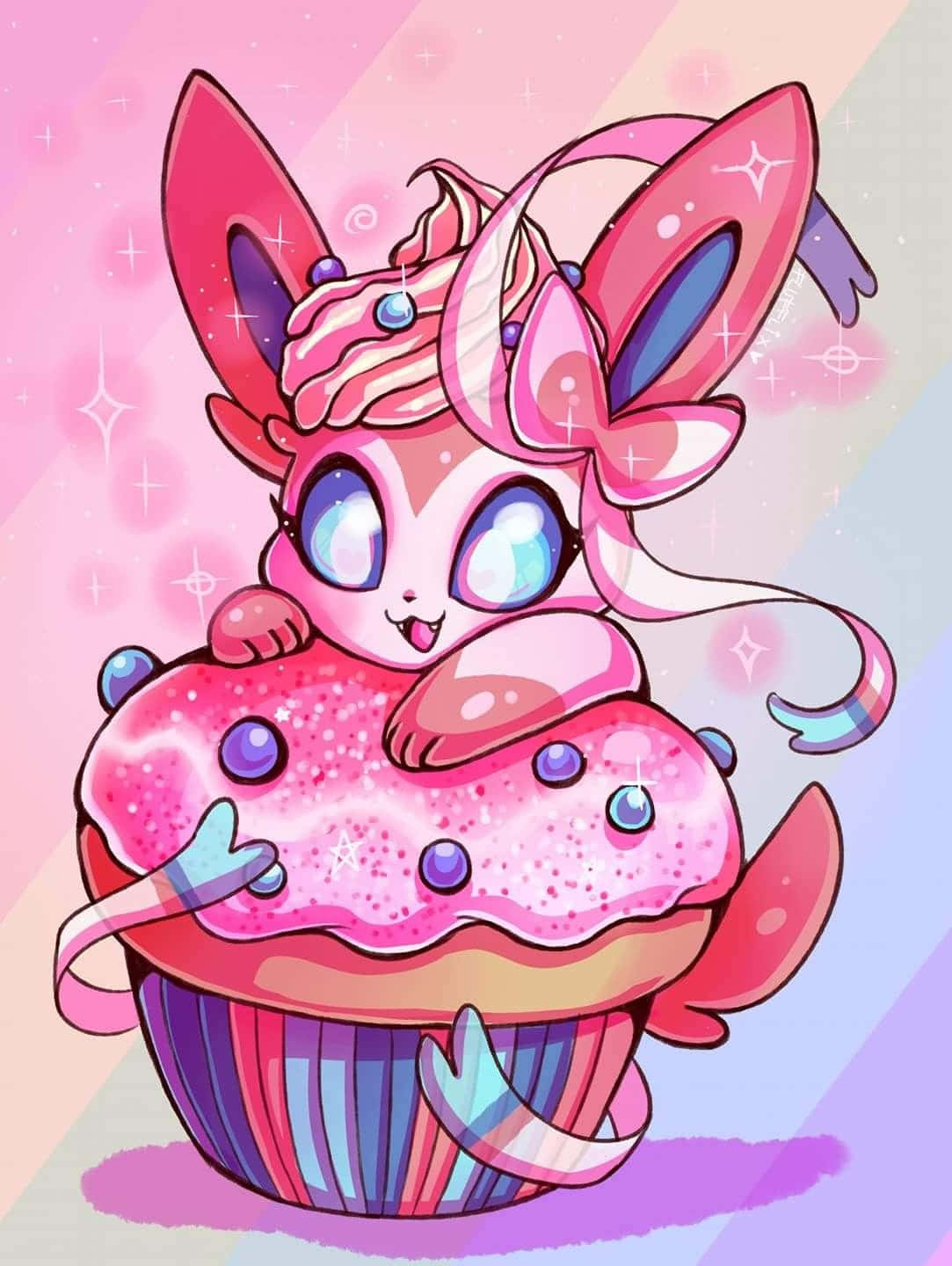 Sylveon, pink cupcake creature, big blue eyes, HD Phone Wallpaper
