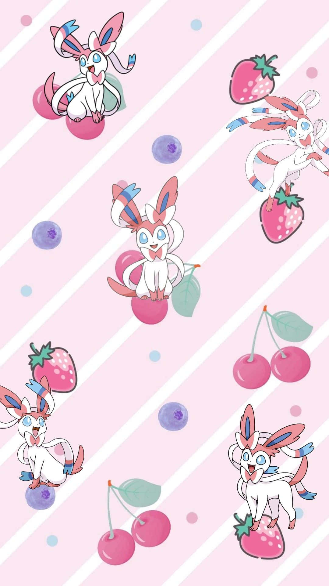 Sylveon, pink background, strawberries, Full HD Phone Wallpaper