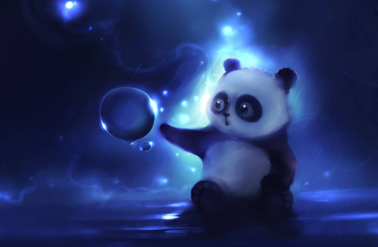 panda cub, glowing blue void, shimmering bubble, SD Desktop Wallpaper