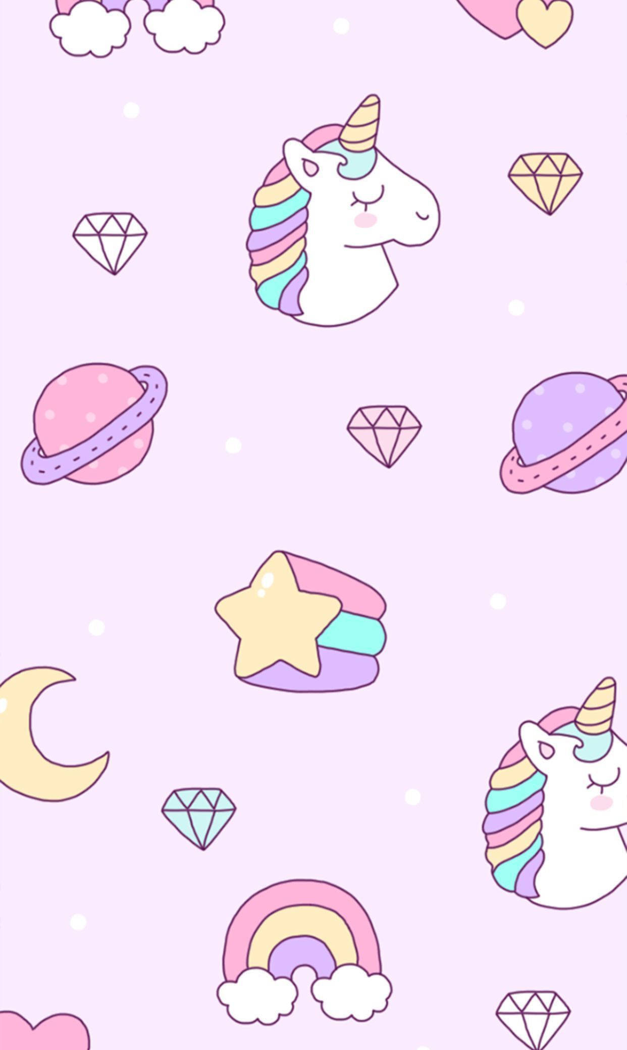 pastel pink, cute cartoon unicorns, rainbows, Full HD Phone Wallpaper