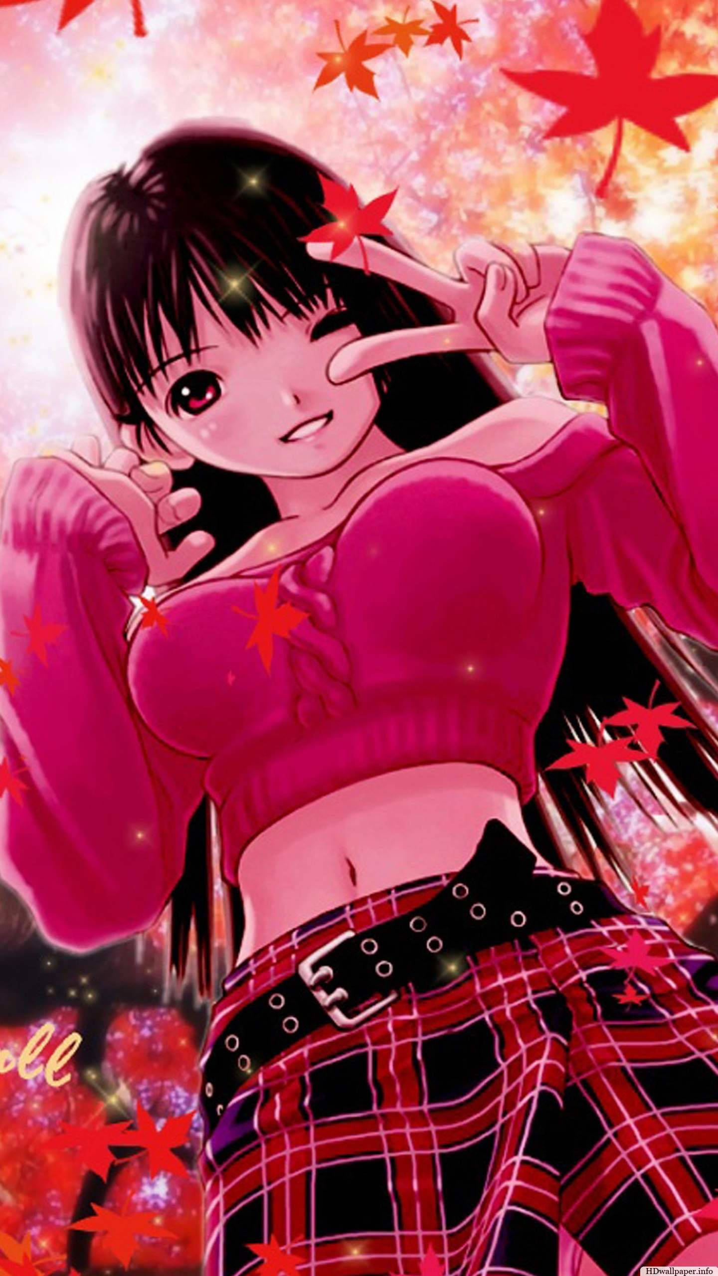 Anime girl, pink sweater, plaid skirt, 2K Phone Wallpaper