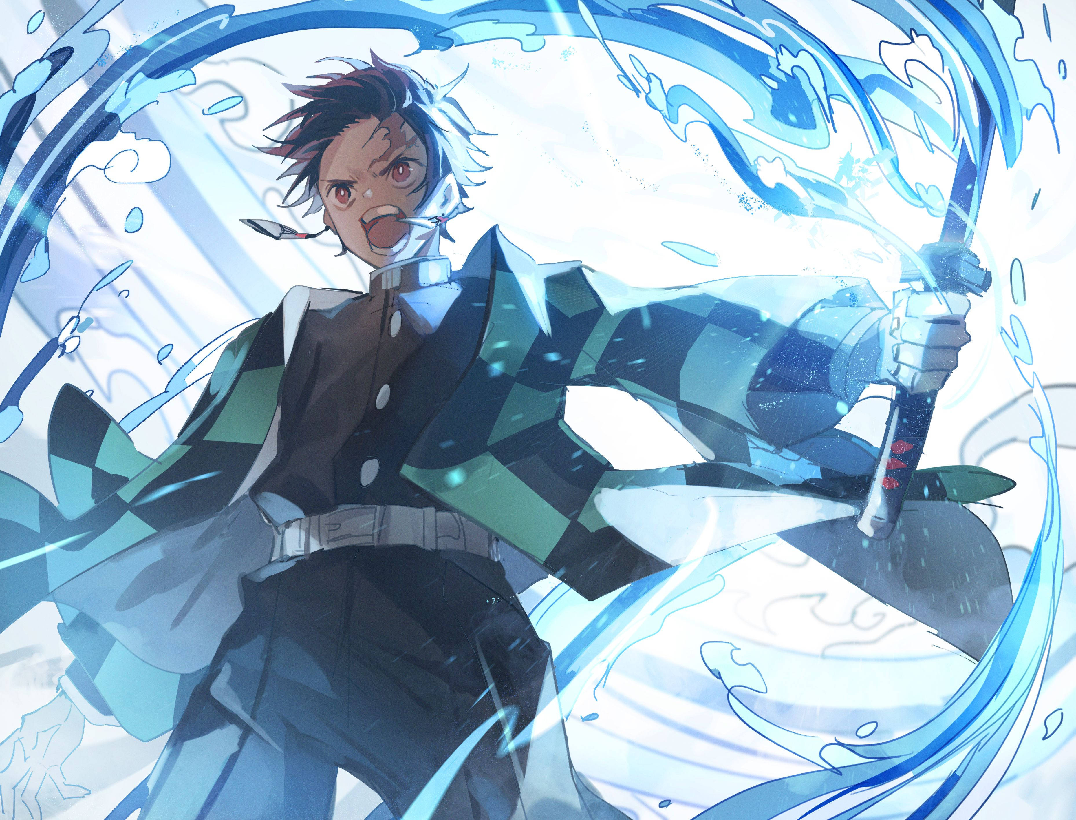 Tanjiro, checkered kimono, glowing sword, 2K Desktop Wallpaper