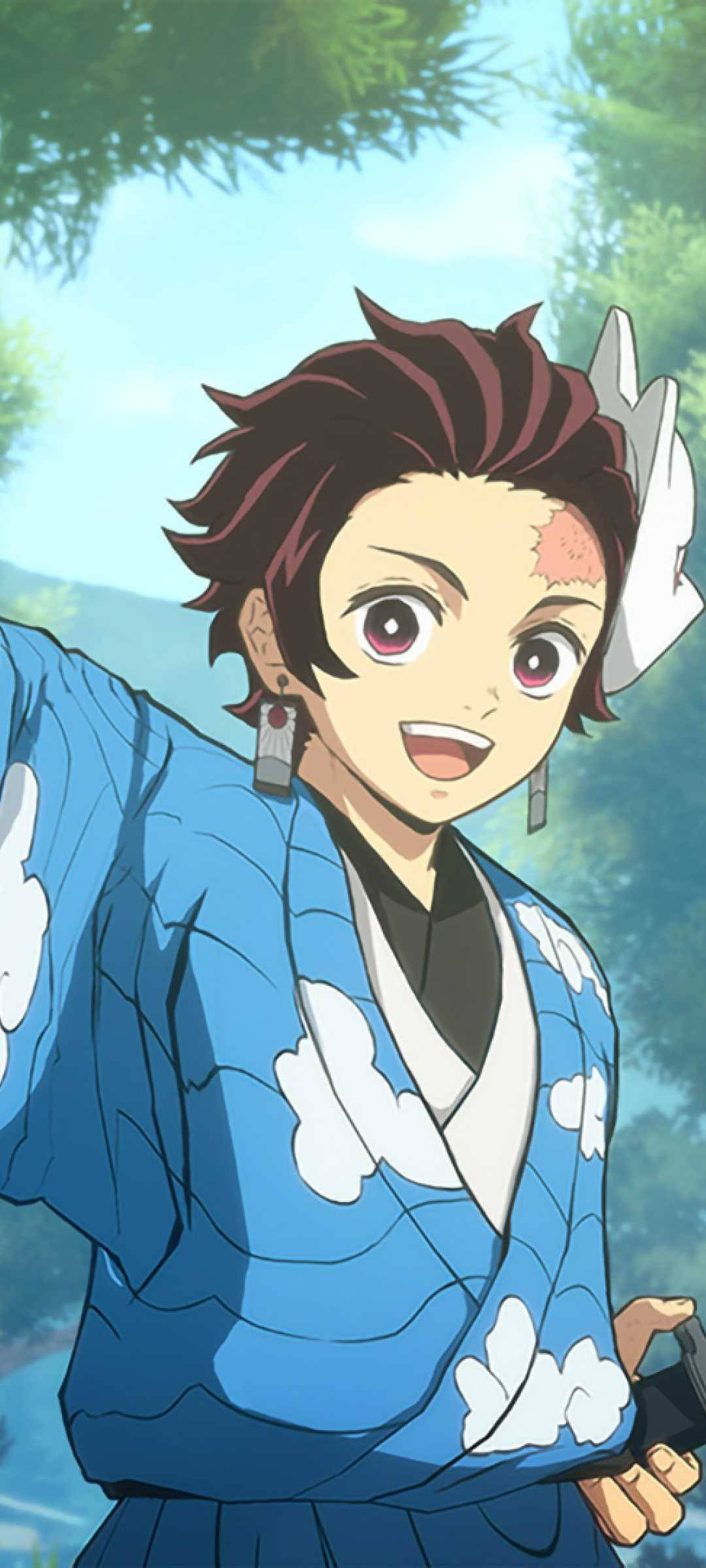 Tanjiro, blue cloud-patterned kimono, leafy green canopy, Full HD Phone Wallpaper