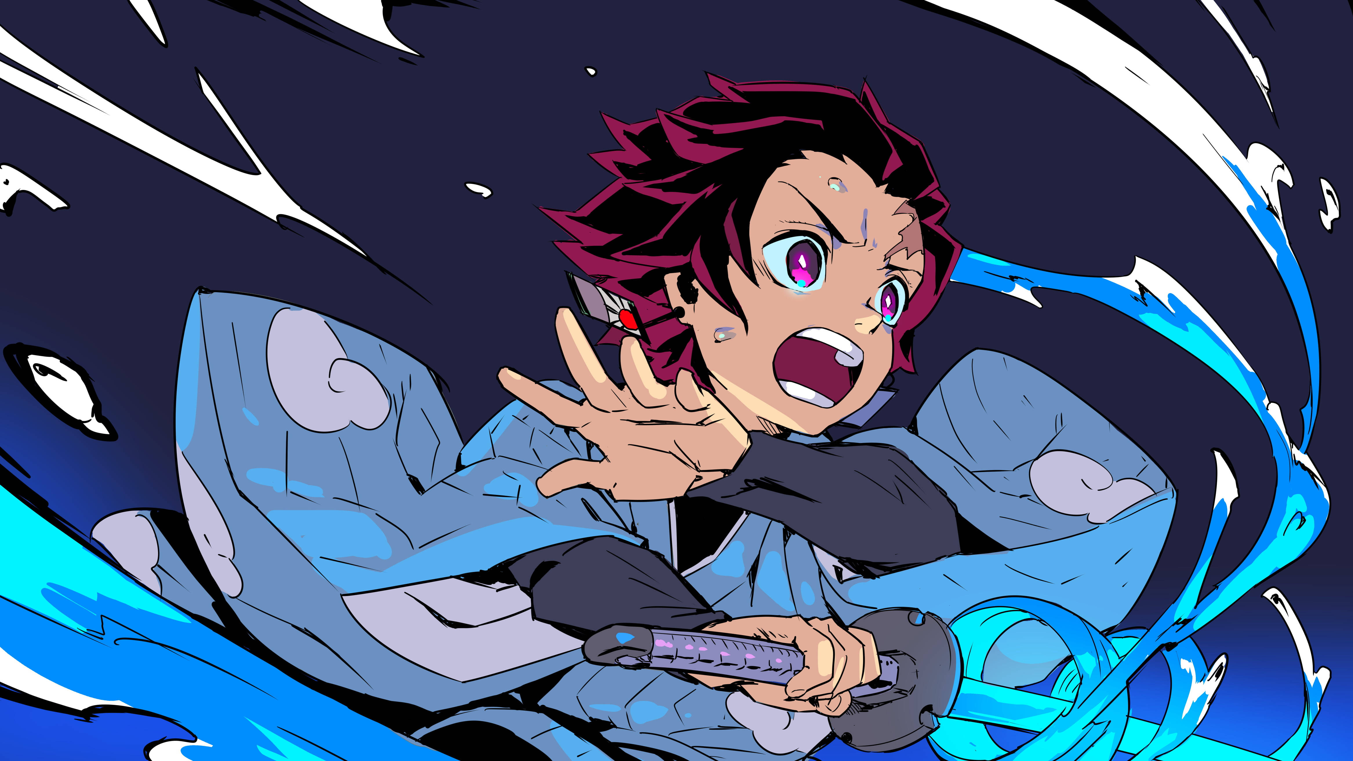 Tanjiro, magenta hair, purple eyes, 4K Desktop Wallpaper