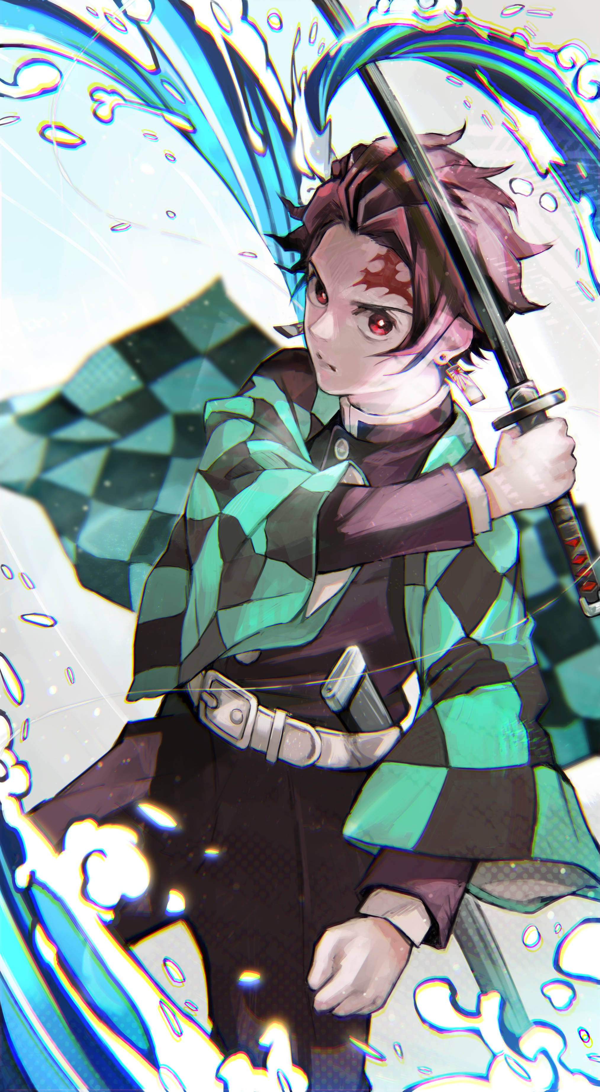 Tanjiro, red eyes, checkered green coat, 2K Phone Wallpaper