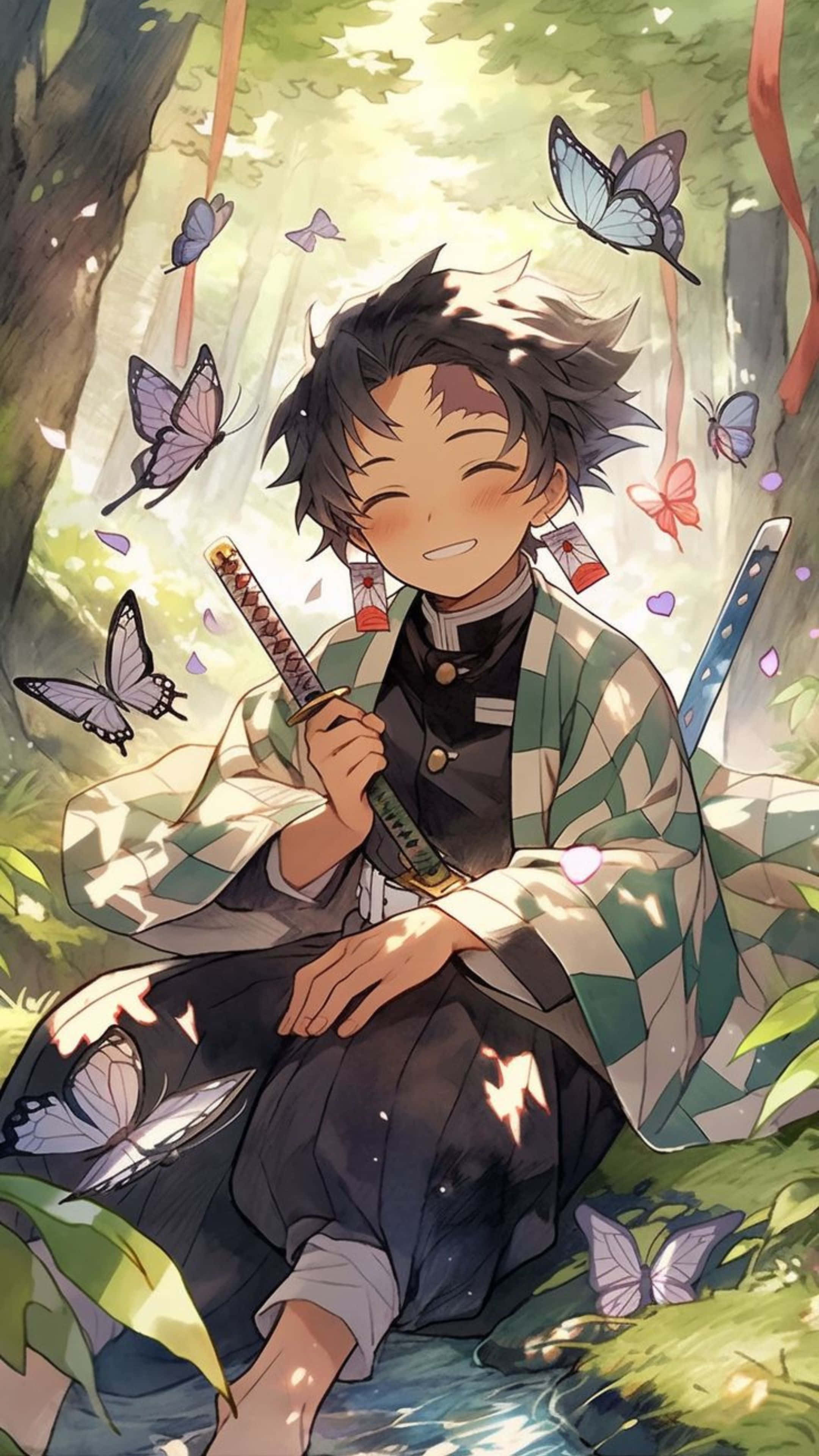 Tanjiro, green checkered kimono, butterflies, 4K Phone Wallpaper