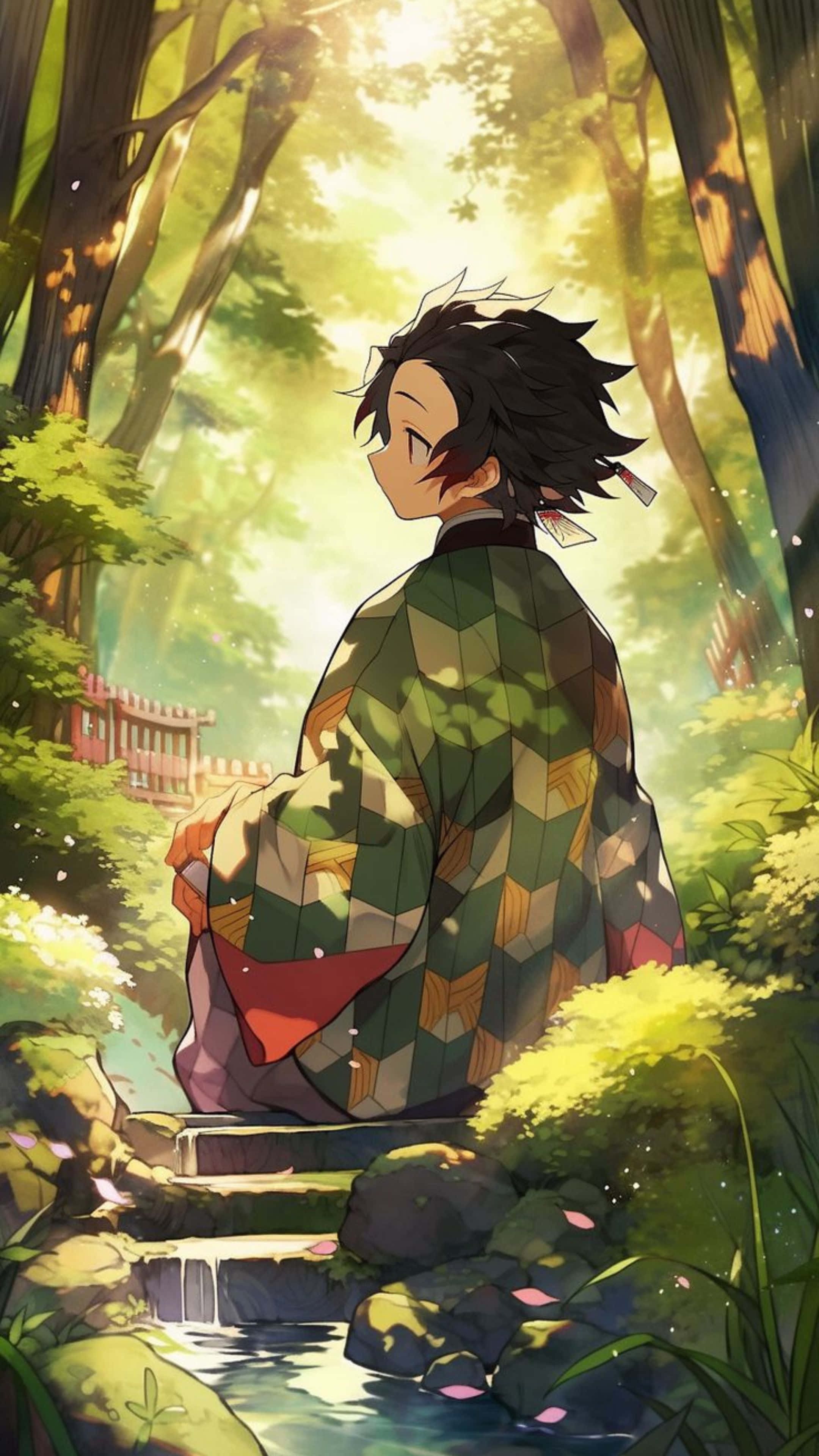Tanjiro, forest, mossy stone stream, 4K Phone Wallpaper