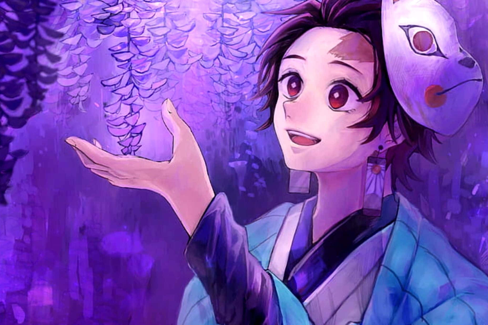 Tanjiro, blue kimono, purple wisteria flowers, Full HD Desktop Wallpaper