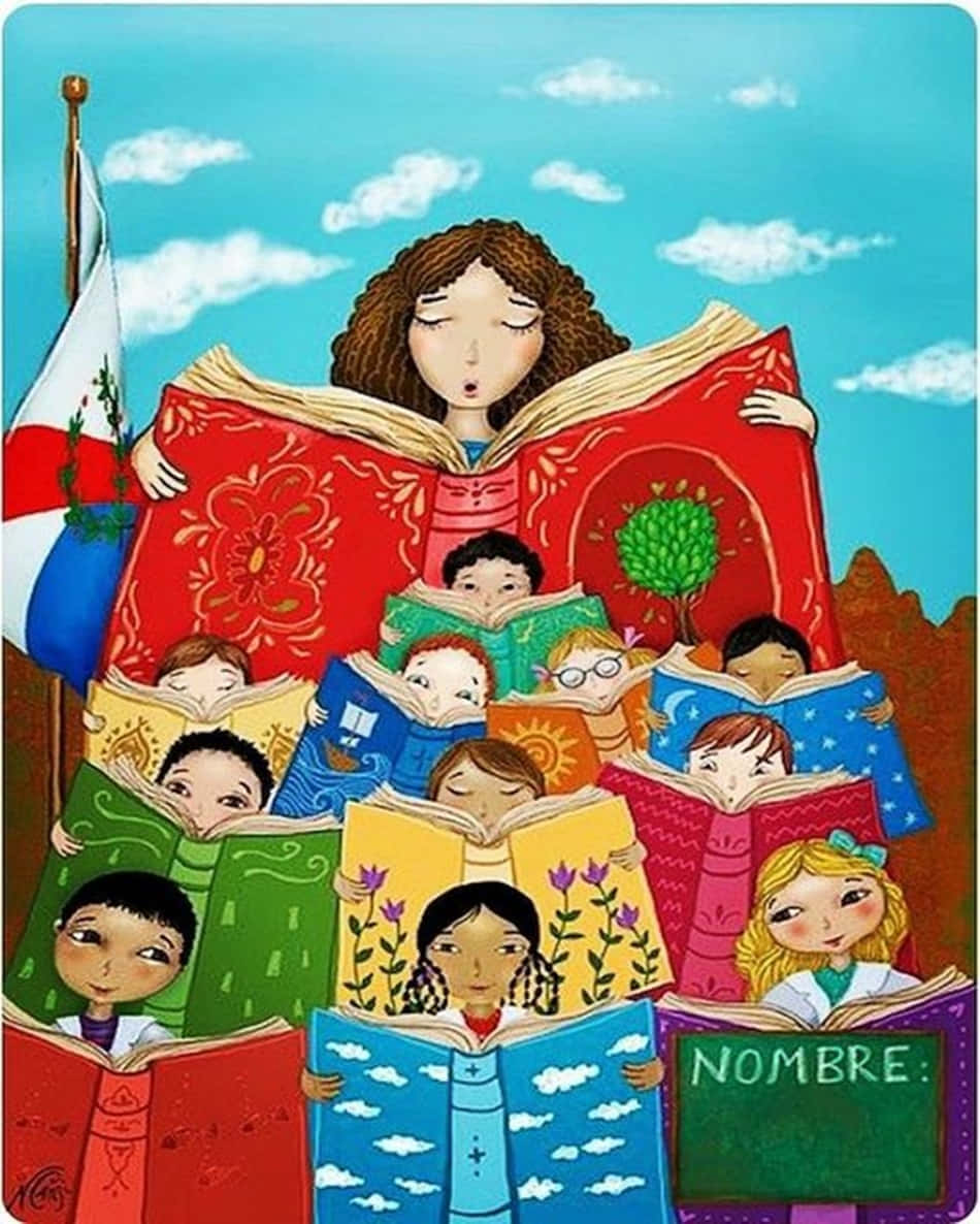 cute teacher, cartoon of a woman, reading books to children, SD Phone Wallpaper