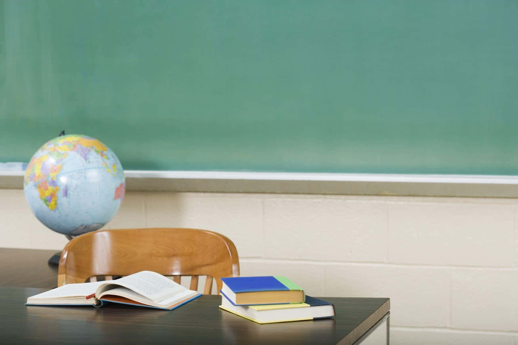 green chalkboard, empty classroom desk, open book, HD Desktop Wallpaper