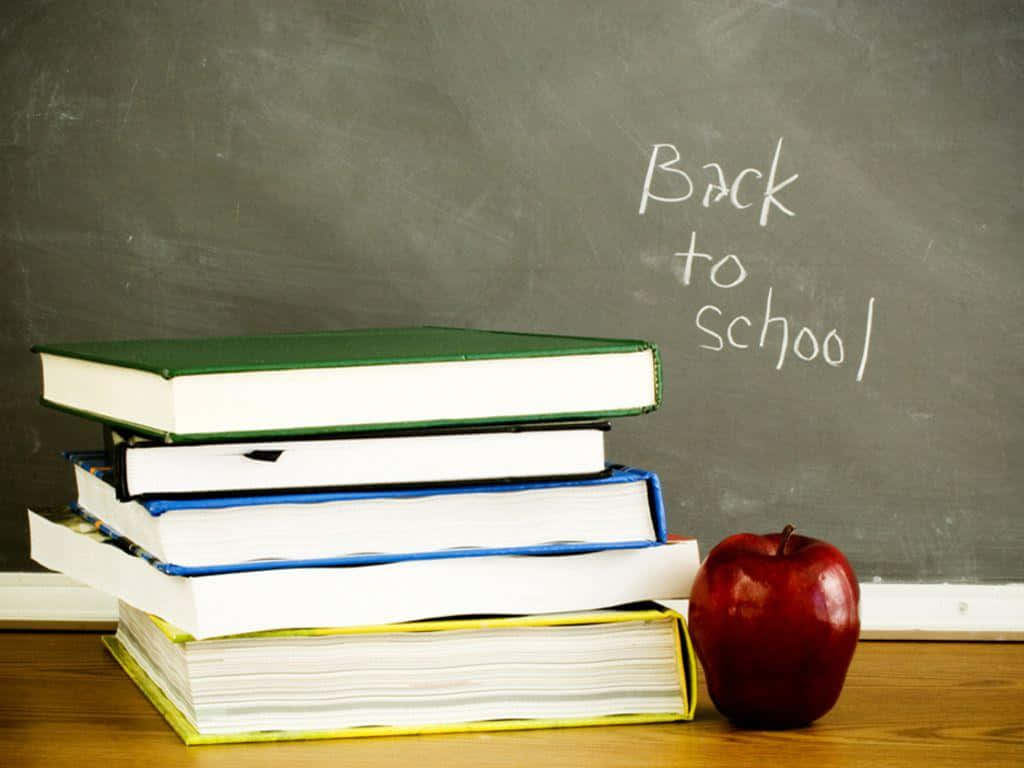 cute teacher, colorful schoolbooks, shiny red apple, SD Desktop Wallpaper