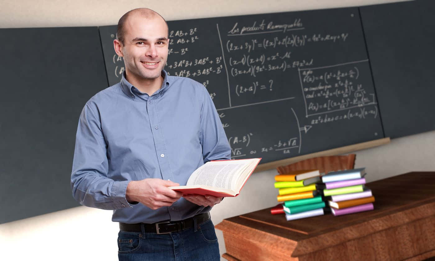 bald teacher, blue shirt, red book, HD Desktop Wallpaper