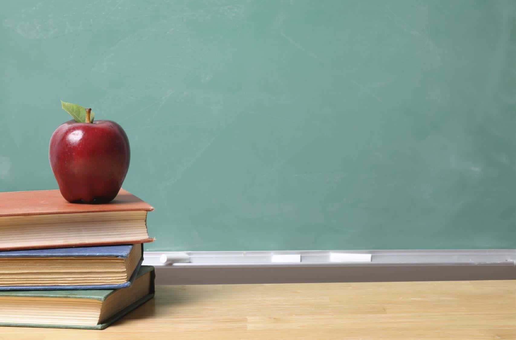 shiny red apple, stack of books, wooden desk, HD Desktop Wallpaper