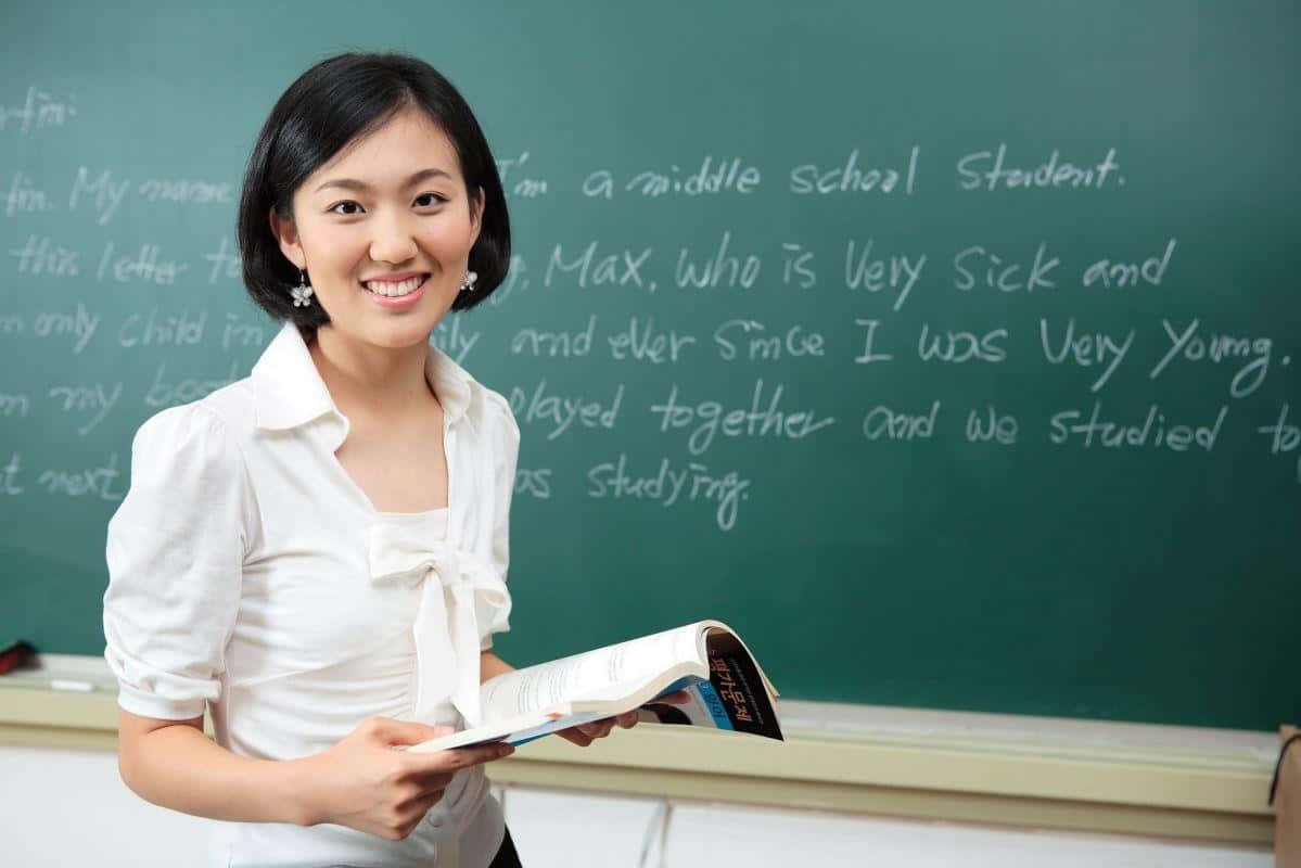 Cute Teacher, white blouse, green chalkboard, SD Desktop Wallpaper