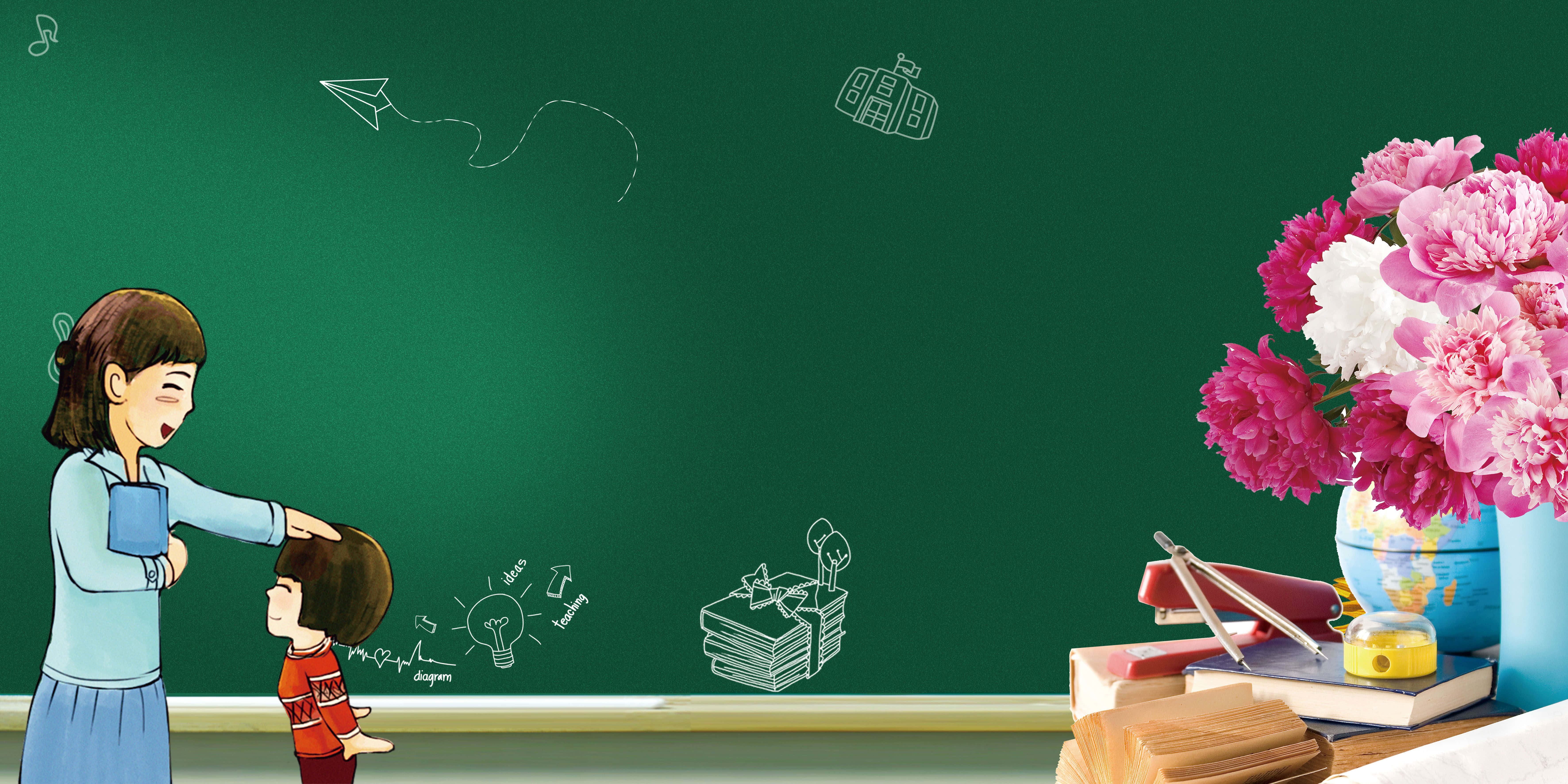 Cute Teacher, green chalkboard, whimsical drawings, 5K Desktop Wallpaper