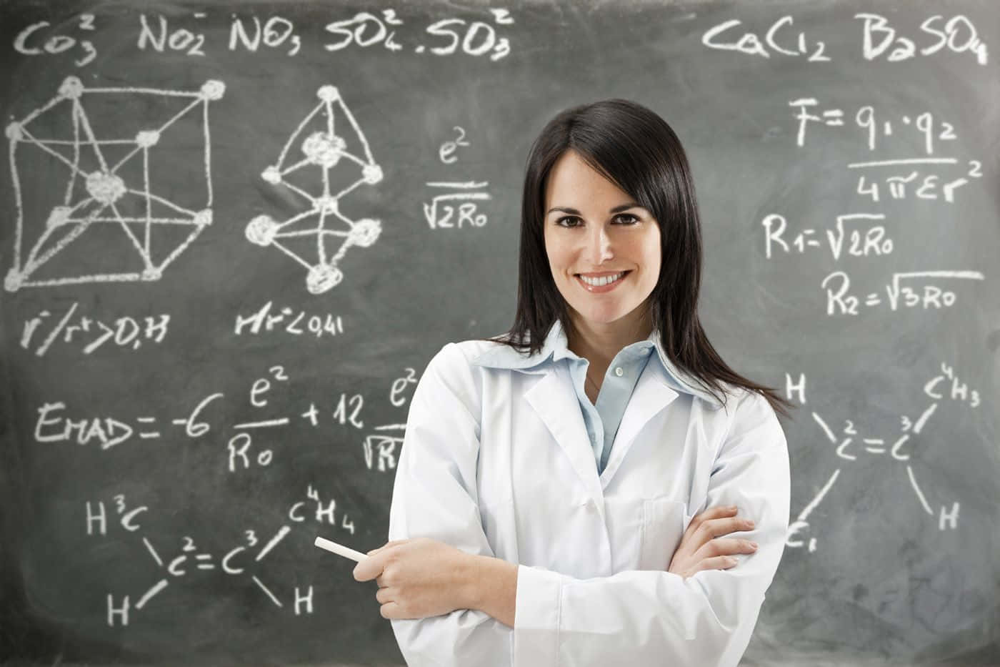 cute teacher, white lab coat, chalkboard, HD Desktop Wallpaper