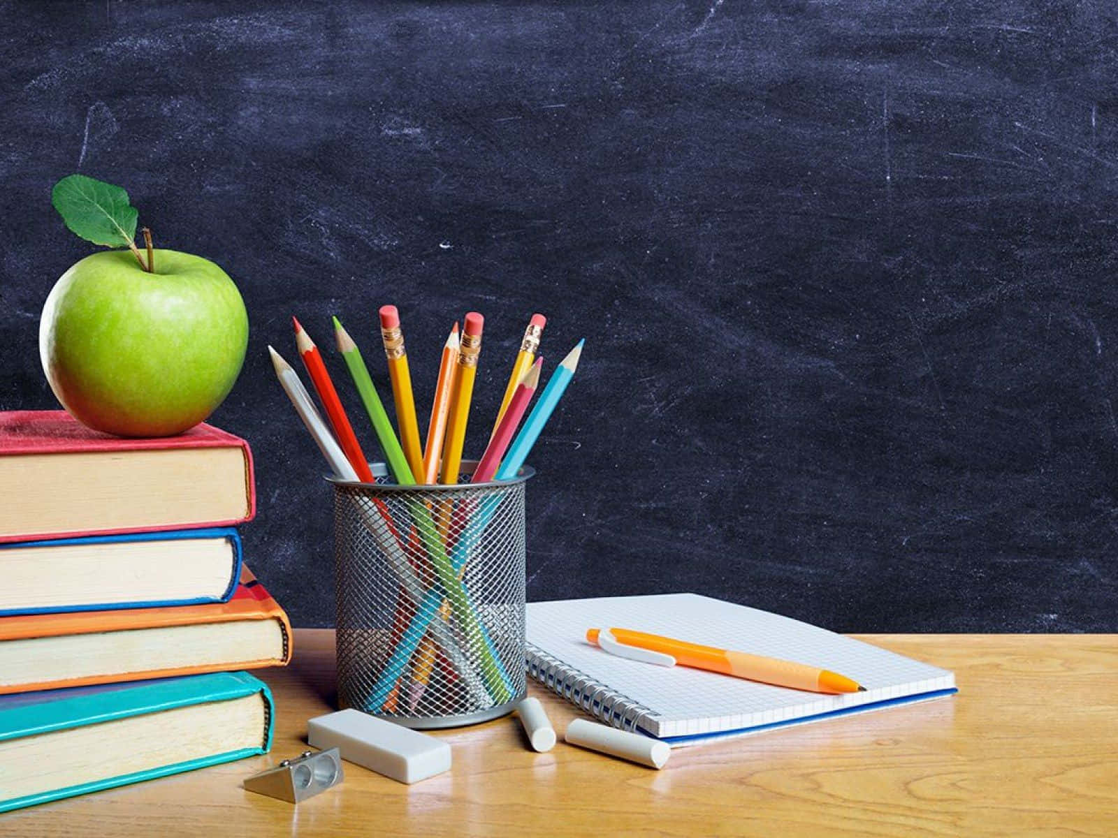 green apple, colorful books, pencil holder, HD Desktop Wallpaper