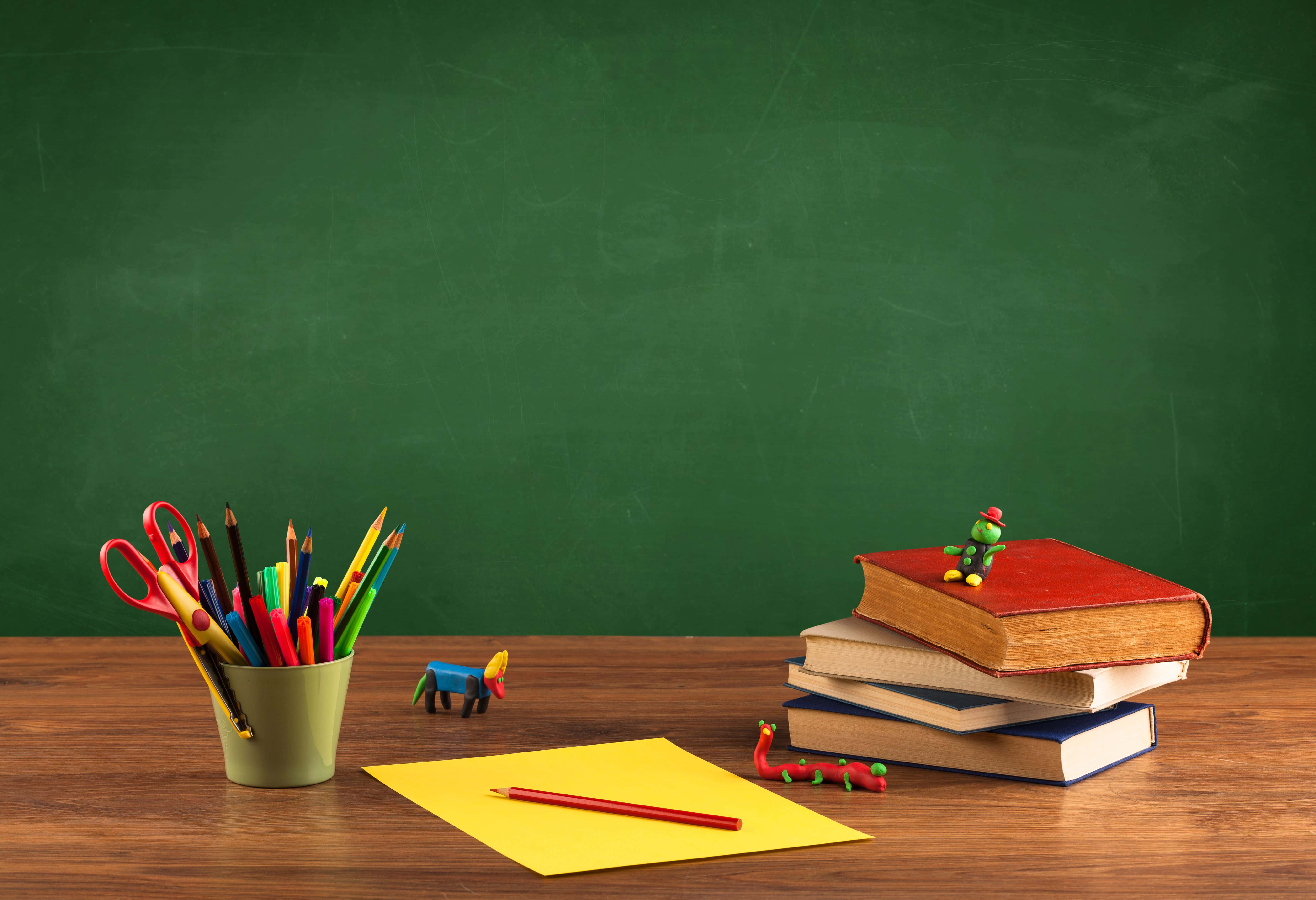 wooden desk, colorful pencils, scissors, 5K Desktop Wallpaper