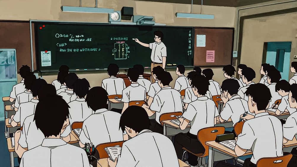 Cute Teacher, anime classroom scene, students in white uniforms, SD Desktop Wallpaper