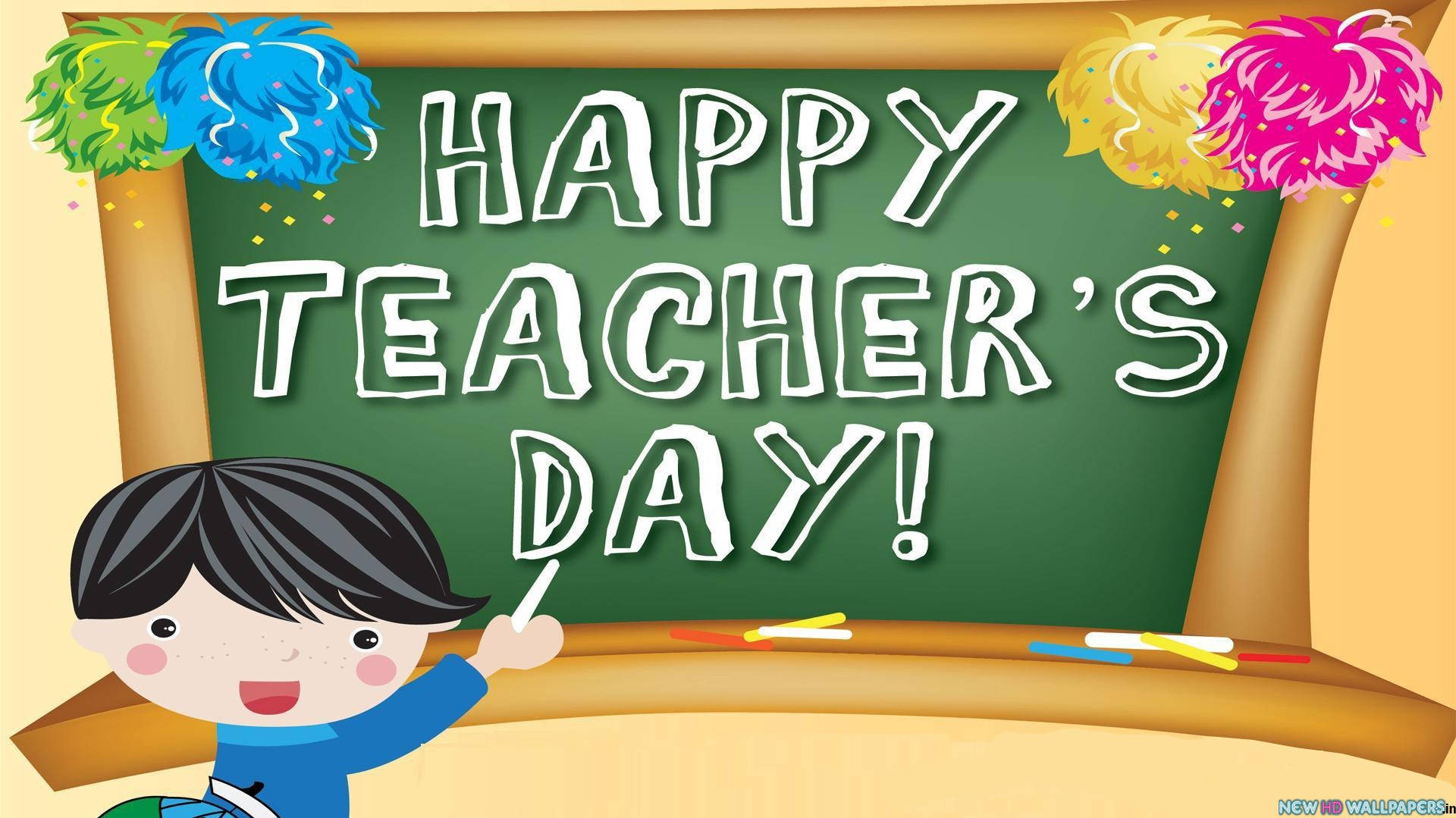 Happy Teachers Day, cartoon child, green chalkboard, Full HD Desktop Wallpaper