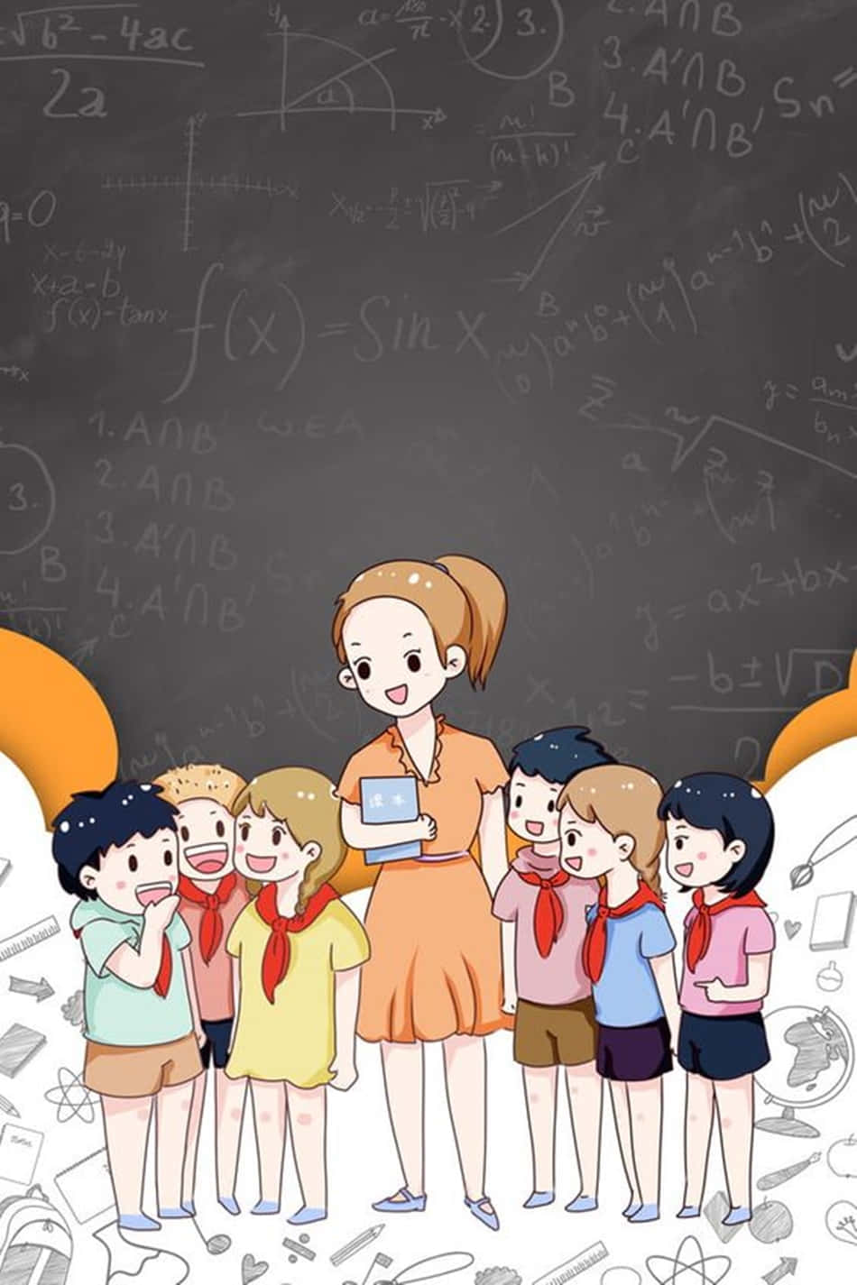 Cute Teacher, students, red scarves, HD Phone Wallpaper