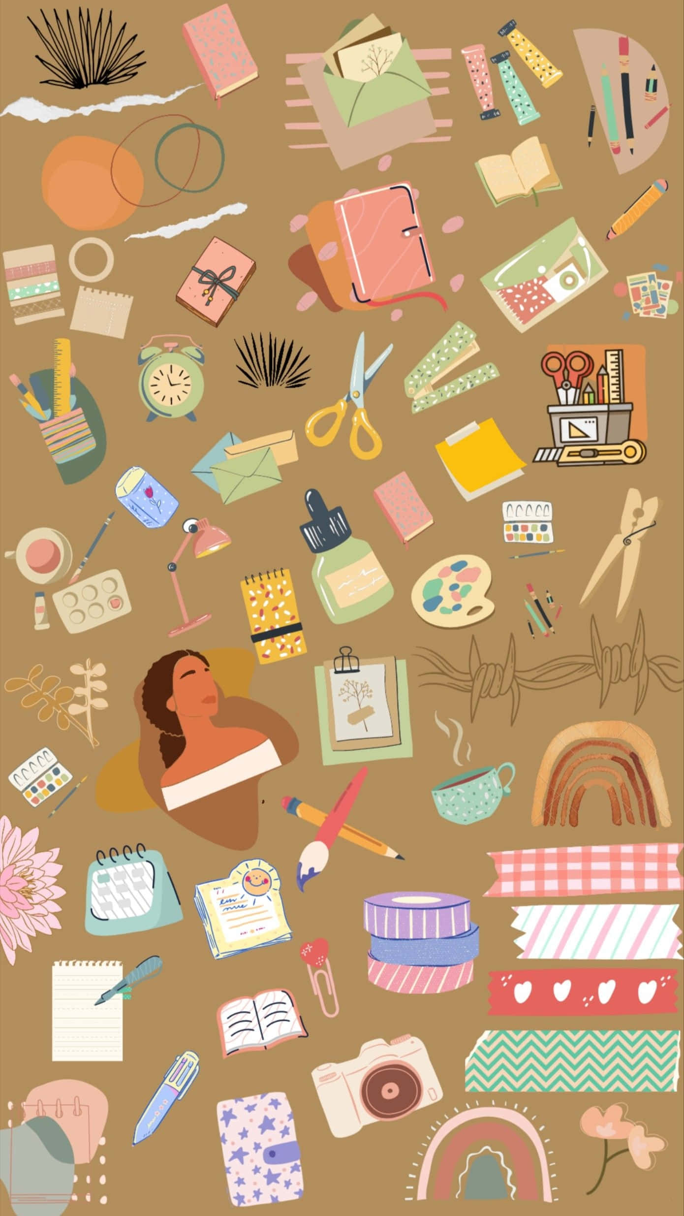 teacher aesthetic, collage illustration, stationery art supplies, Full HD Phone Wallpaper