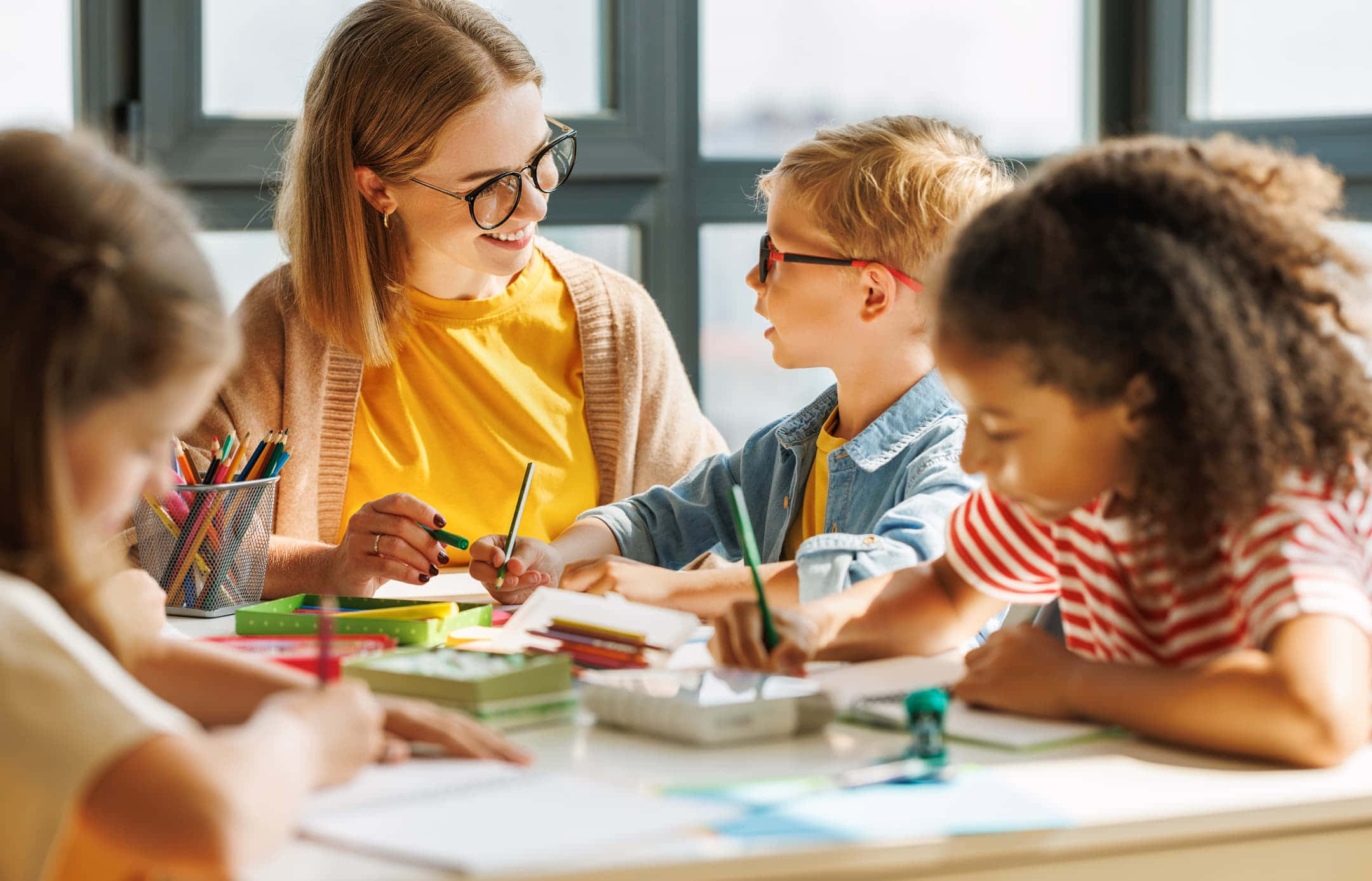 teacher, students, art class, Full HD Desktop Wallpaper