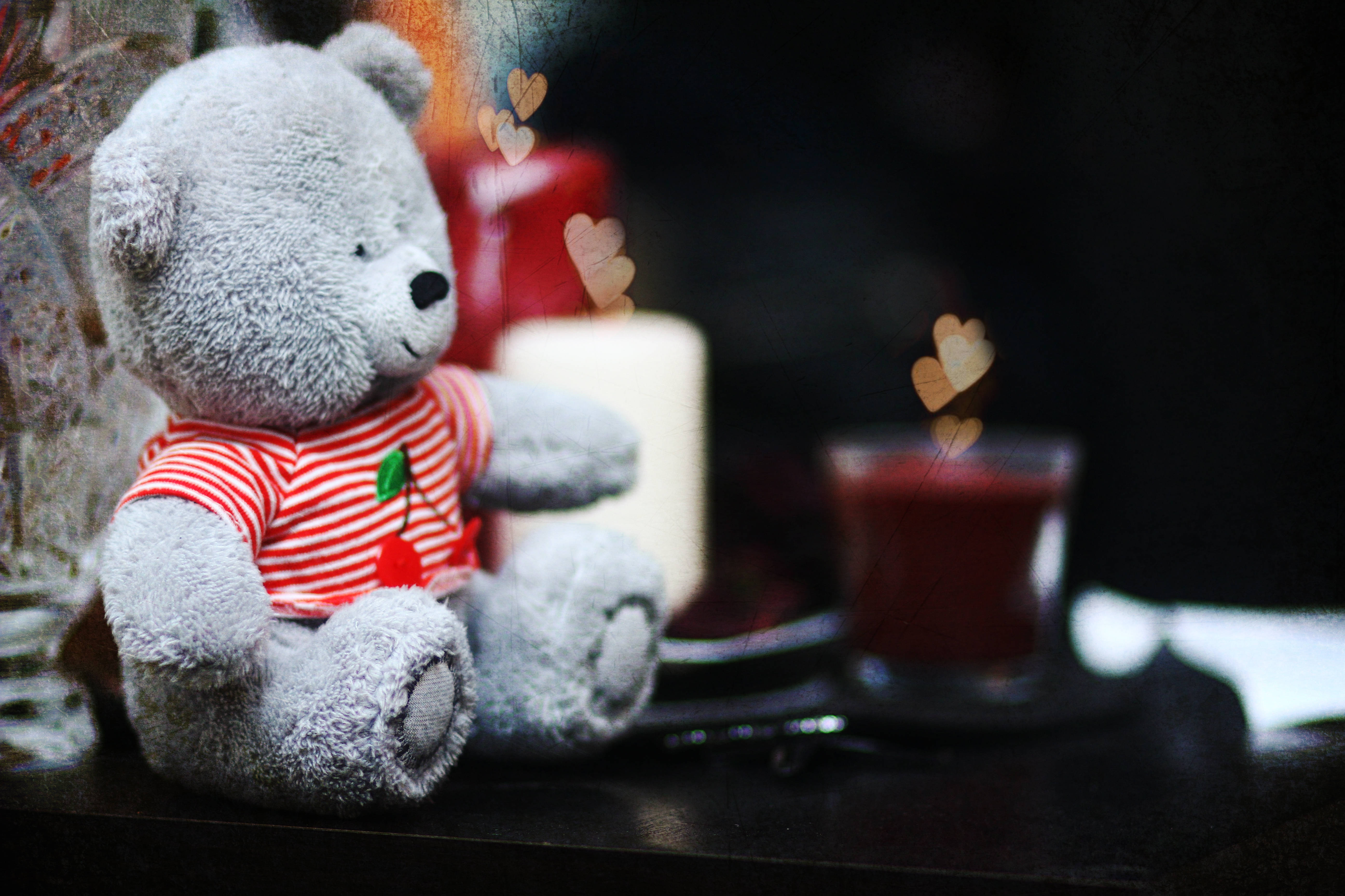 gray teddy bear, red striped shirt, glowing candles, 5K Desktop Wallpaper