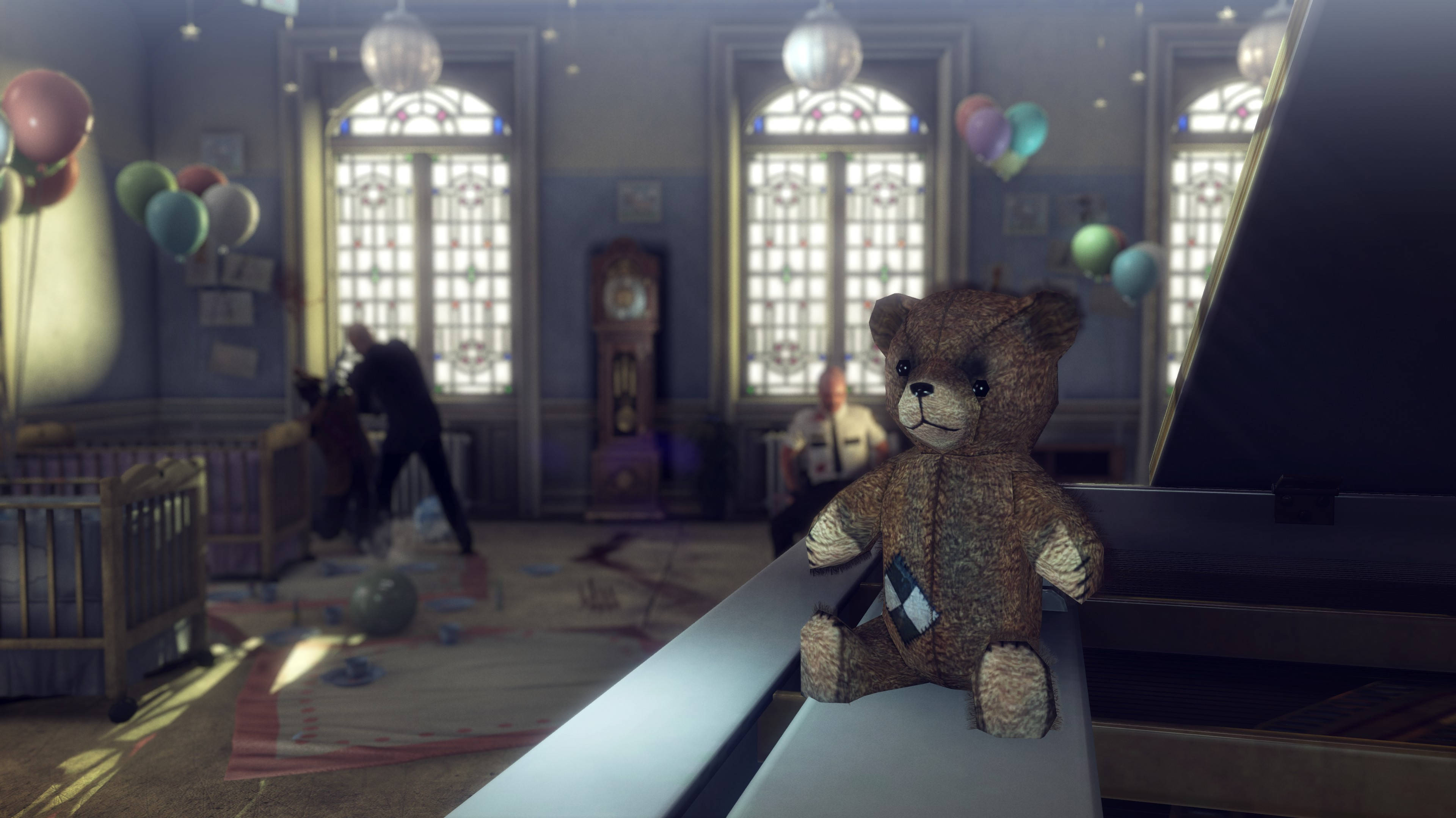 Cute Teddy Bear, piano bench, sunlit, 4K Desktop Wallpaper