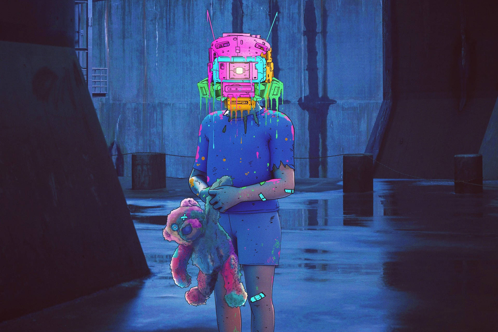 glitchy pink robot head, worn teddy bear, neon-drenched urban alley, Full HD Desktop Wallpaper
