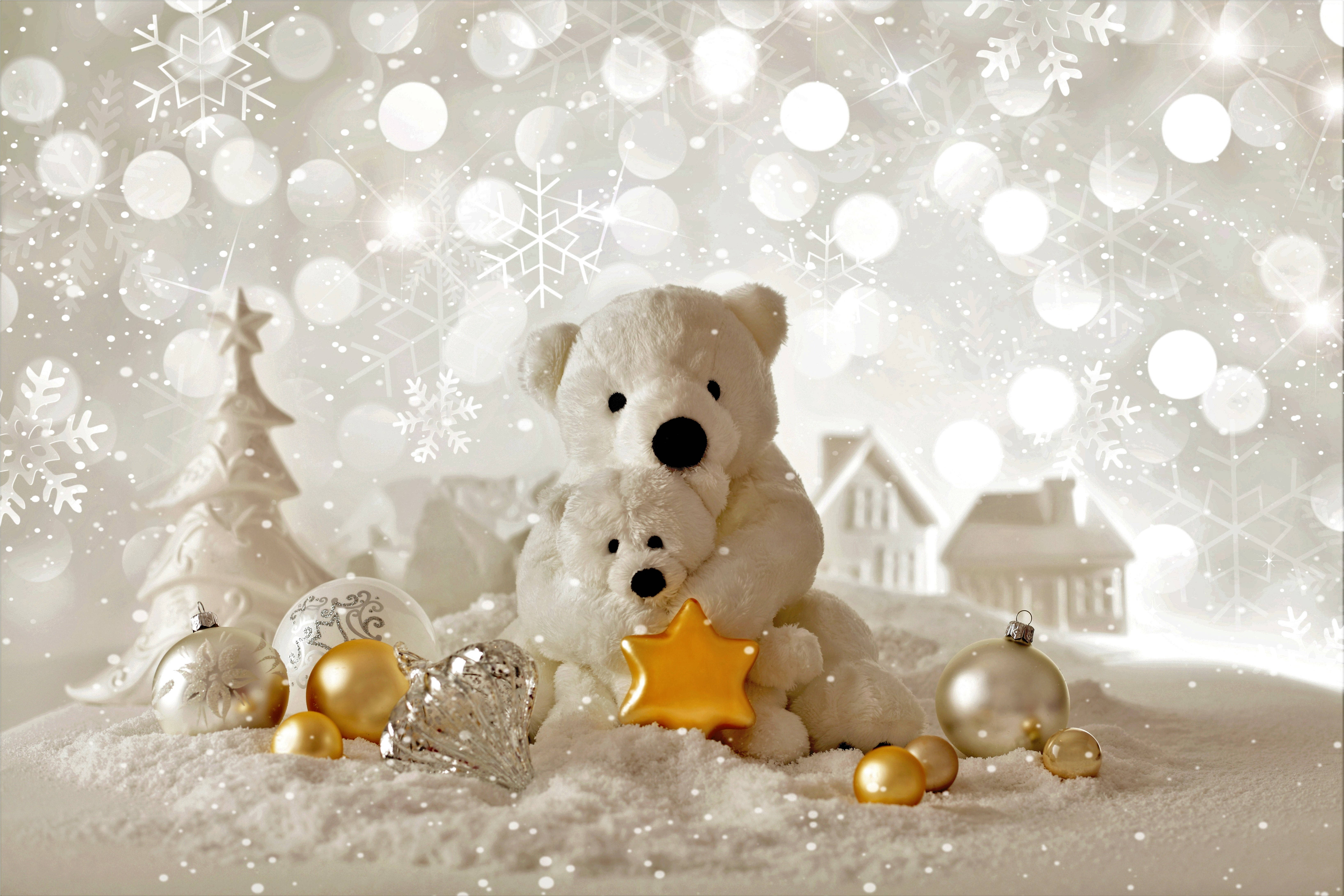holiday cute teddy bear, plush white teddy bears, snowy winter scene, 5K Desktop Wallpaper