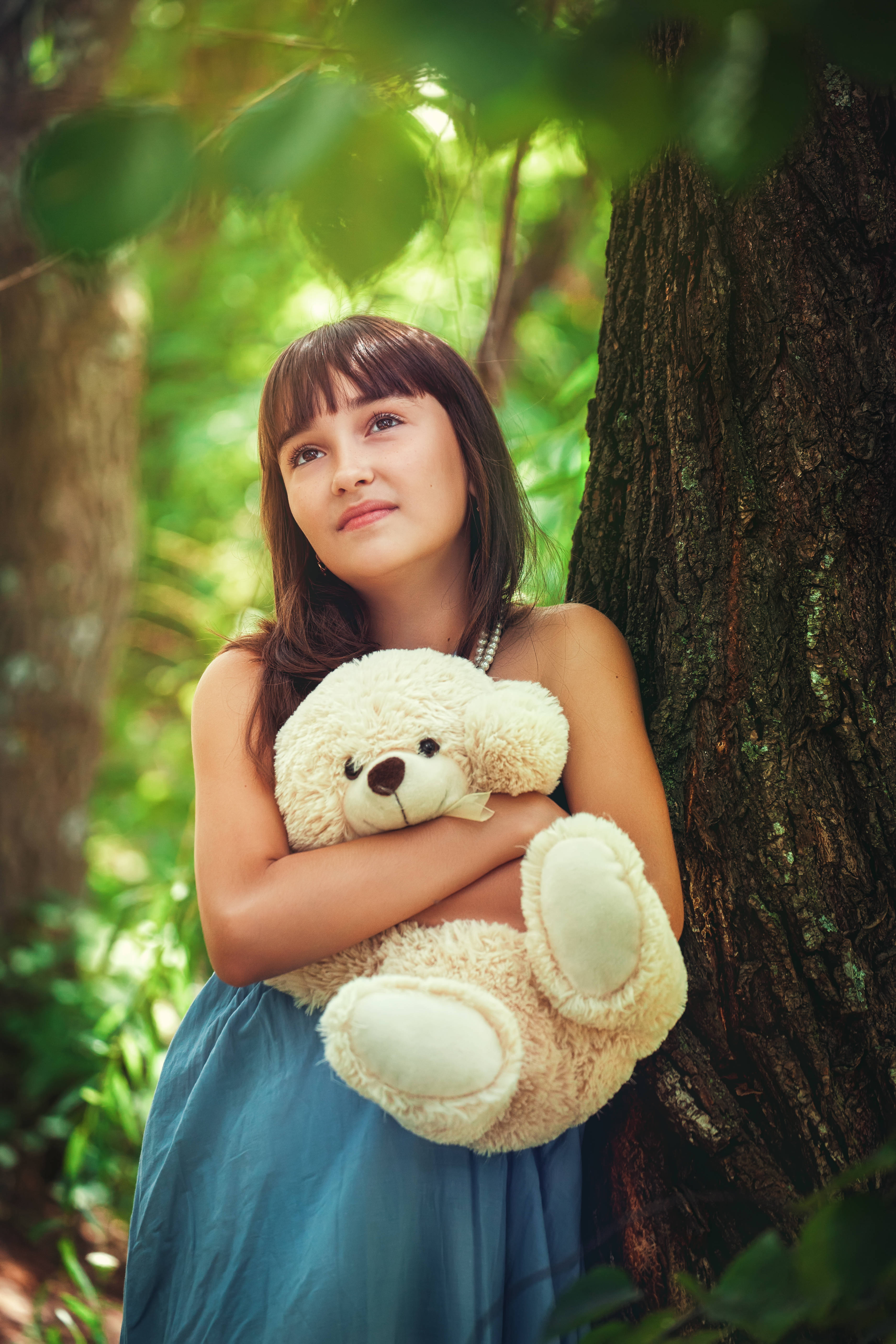 girl, cute teddy bear, blue dress, 5K Phone Wallpaper