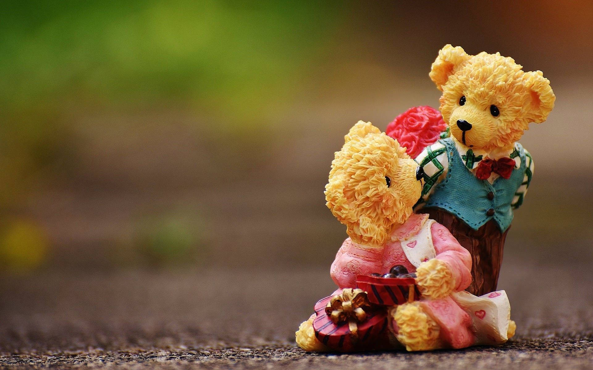 teddy bear couple figurine, fuzzy teddy bears, red rose, Full HD Desktop Wallpaper