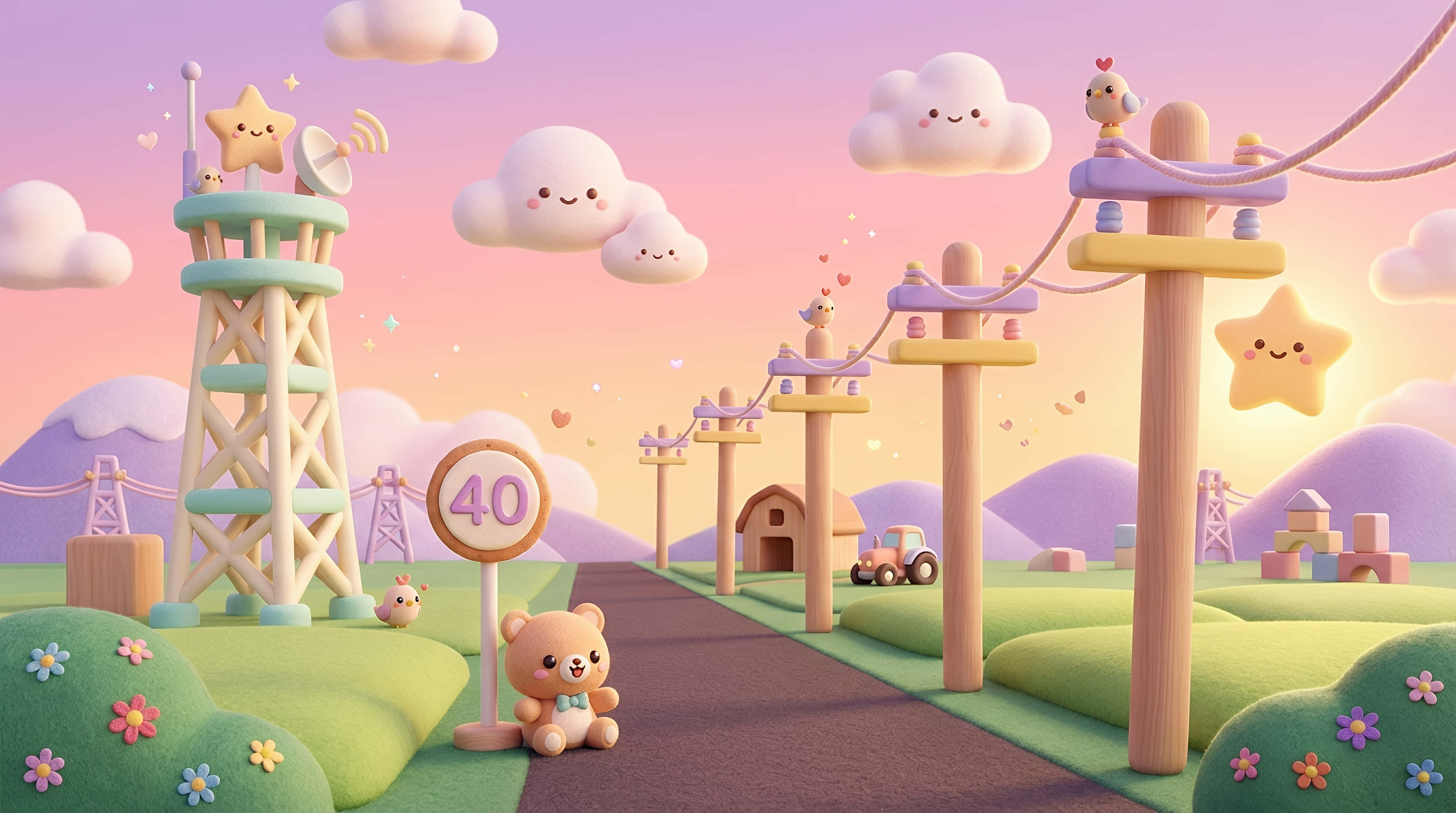 whimsical kawaii countryside road, pastel landscape, smiling clouds, 4K Desktop Wallpaper