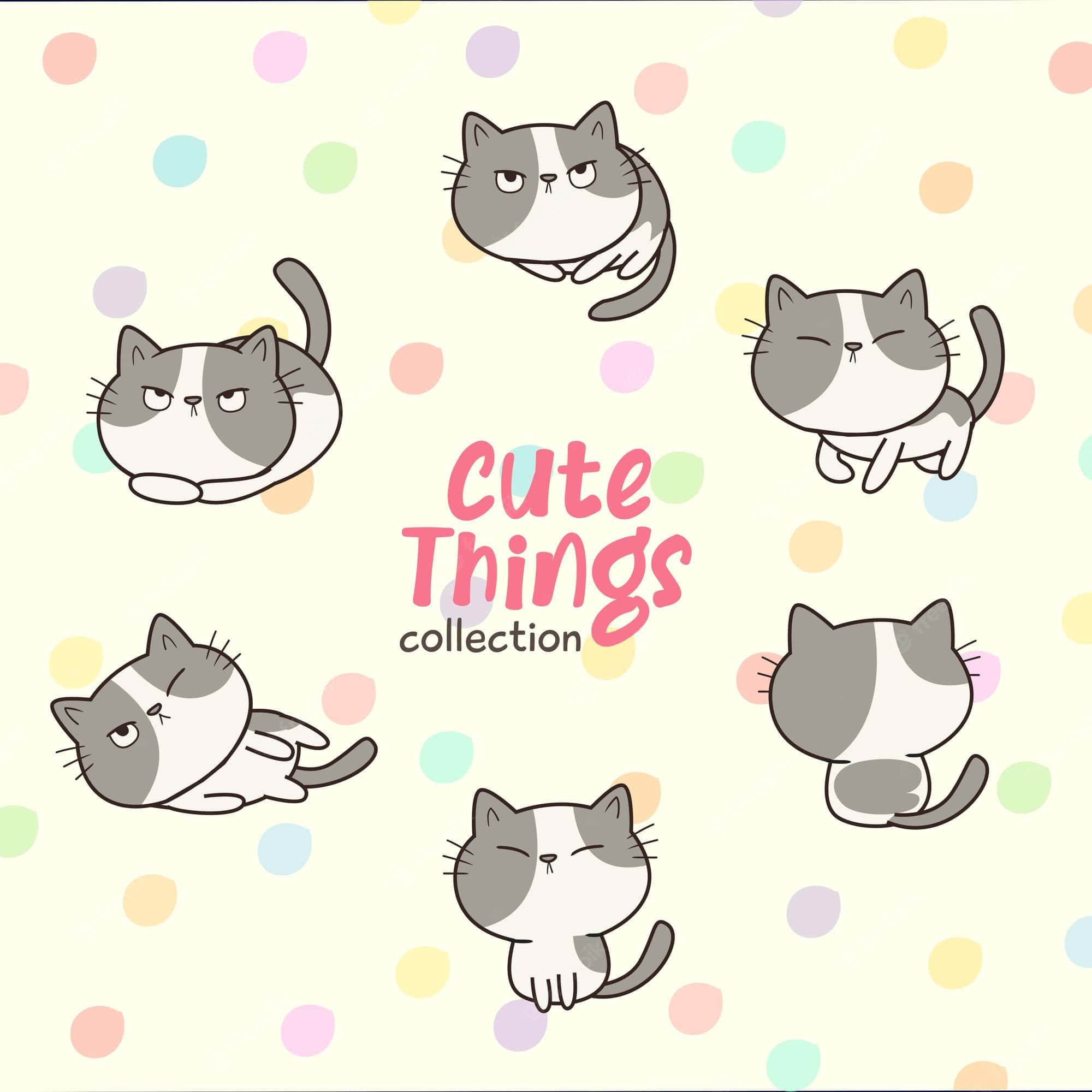 gray and white cat, cartoon cats, pastel polka dot background, Full HD Desktop Wallpaper