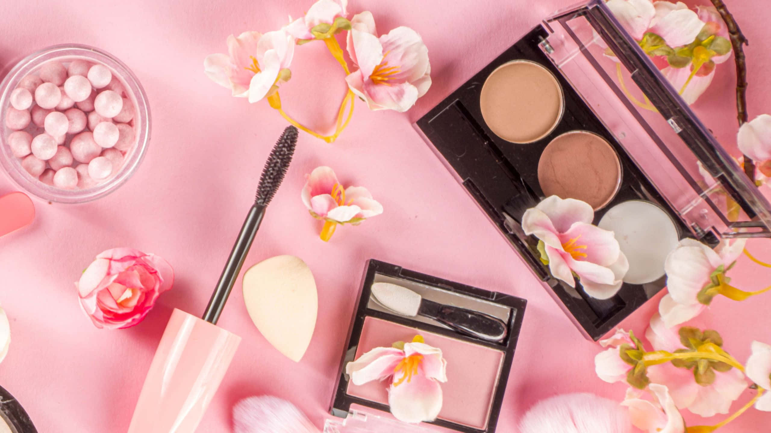 pink beauty products, cherry blossoms, soft pink background, 2K Desktop Wallpaper