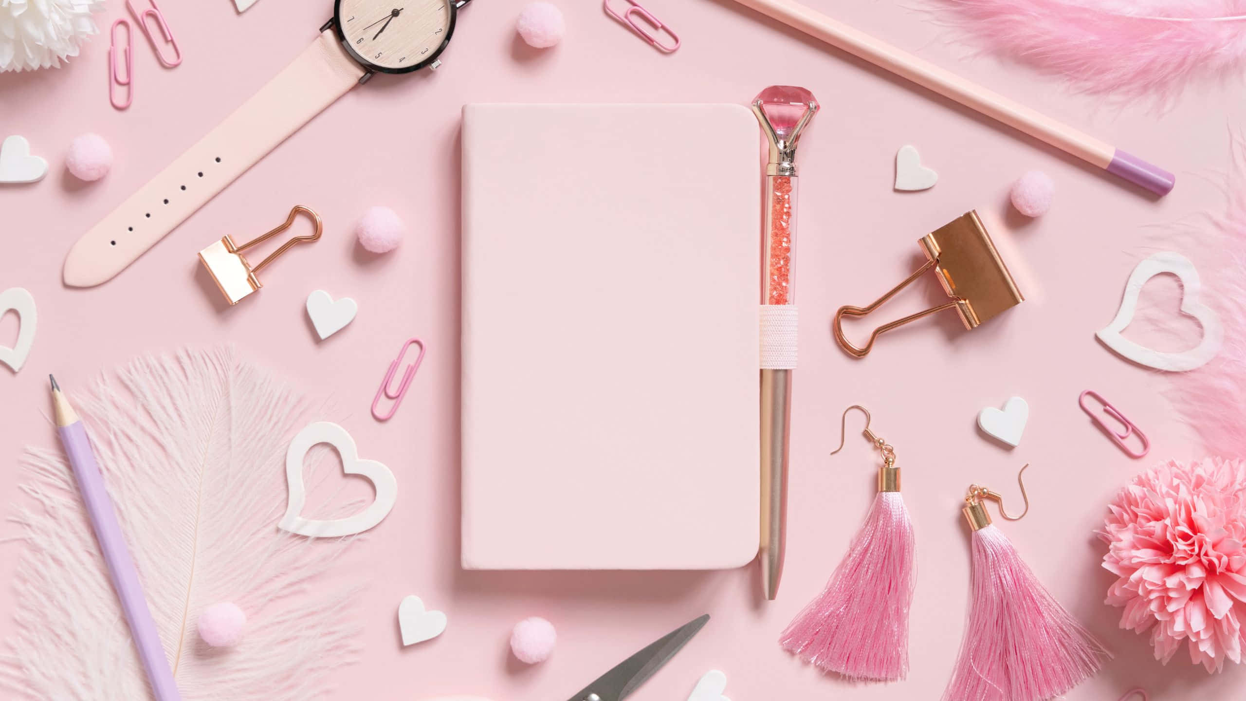 pastel pink, soft pink surface, feathers, 2K Desktop Wallpaper