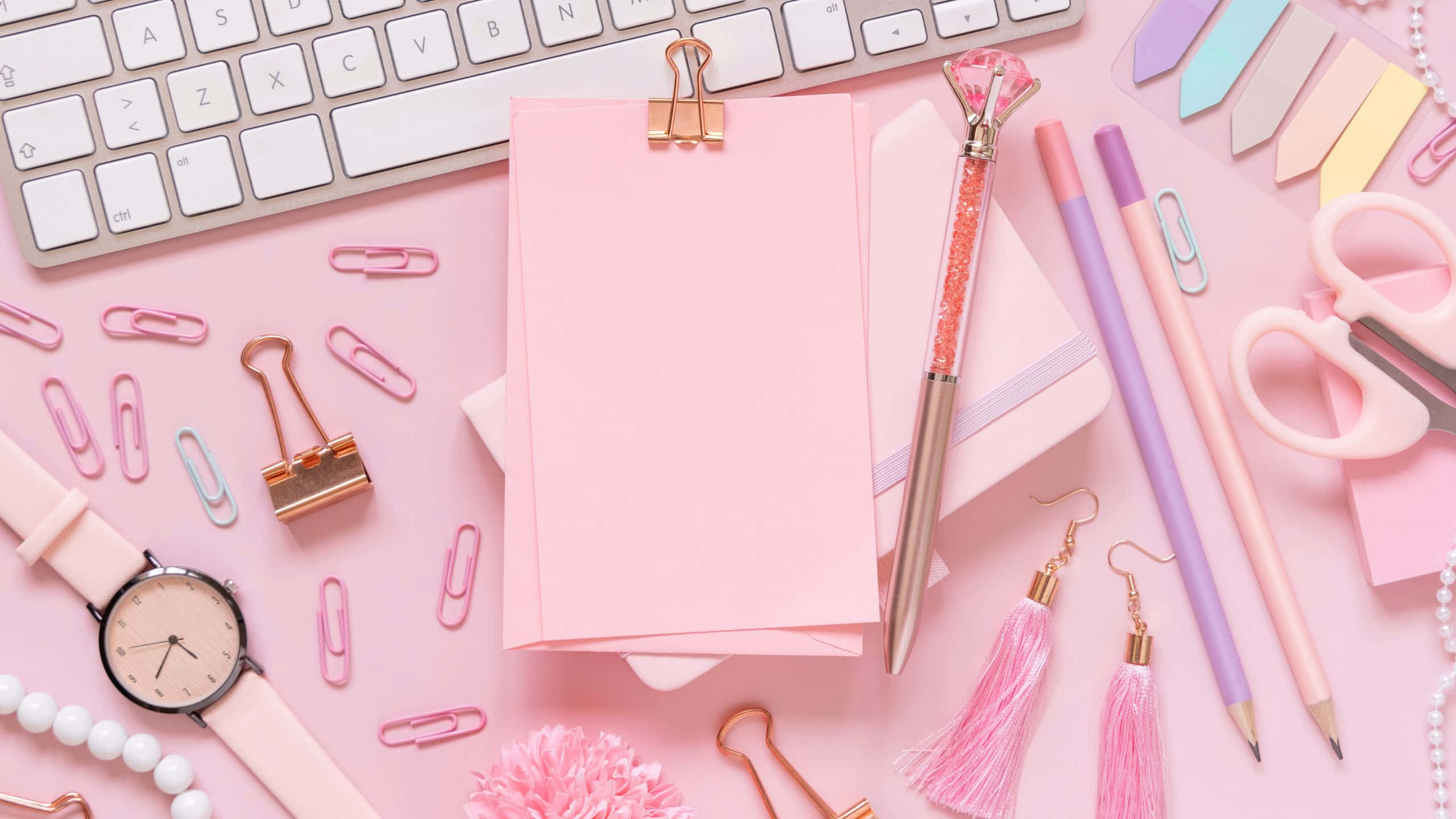 pastel pink, desk setup, stationery keyboard, 2K Desktop Wallpaper