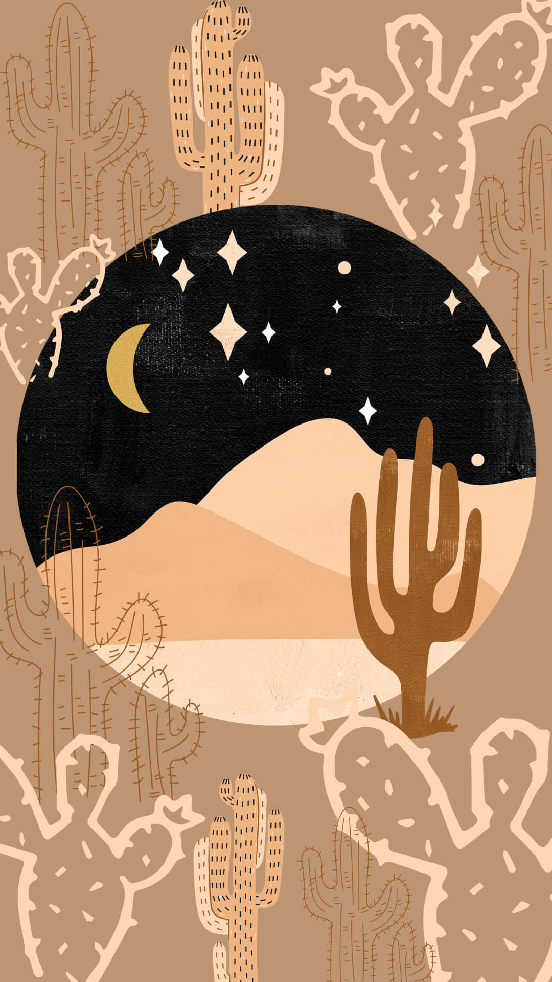 desert night, cacti silhouettes, crescent moon, Full HD Phone Wallpaper